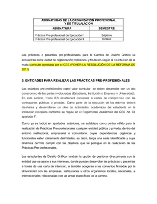 ASIGNATURAS DE LA ORGANIZACIÓN PROFESIONAL
Y DE TITULALACIÓN
ASIGNATURA SEMESTRE
Práctica Pre-profesional de Ejecución I Séptimo
Práctica Pre-profesional de Ejecución II Octavo
Las prácticas o pasantías pre-profesionales para la Carrera de Diseño Gráfico se
encuentran en la unidad de organización profesional y titulación según la distribución de la
malla curricular aprobada por el CES (PONER LA RESOLUCIÓN DE LA REFORMA DE
2011)
5. ENTIDADES PARA REALIZAR LAS PRÁCTICAS PRE-PROFESIONALES
Las prácticas pre-profesionales como valor curricular, se deben desarrollar con un alto
compromiso de las partes involucradas (Estudiante, Institución o Empresa y Universidad).
En este sentido, “cada lES establecerá convenios o cartas de compromiso con las
contrapartes públicas o privadas. Como parte de la ejecución de los mismos deberá
diseñarse y desarrollarse un plan de actividades académicas del estudiante en la
institución receptora conforme se regula en el Reglamento Académico del CES Art. 93
apartado 4”.
Como ya se indicó en apartados anteriores, se establece como centro válido para la
realización de Prácticas Pre-profesionales cualquier entidad pública o privada, dentro del
entorno institucional, empresarial o comunitario, cuyas dependencias orgánicas y
funcionales estén claramente delimitadas, es decir, tenga una sede identificable y cuya
dinámica permita cumplir con los objetivos que se persigue en la realización de las
Prácticas Pre-profesionales.
Los estudiantes de Diseño Gráfico, tendrán la opción de gestionar directamente con la
entidad que se ajuste a sus intereses, donde puedan desarrollar las prácticas o pasantías
a través de una carta de intención, o también acogerse a los convenios firmados por la
Universidad con las empresas, instituciones u otros organismos locales, nacionales, e
internacionales relacionadas con las áreas específicas de la carrera.
 