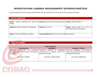 INSTRUCTIVO PARA ELABORAR ADECUADAMENTE SECUENCIAS DIDÁCTICAS
Les recomendamos leer este instructivo detenidamente, pues de esta forma será mucho más sencillo que operen el formato.



1.- DATOS GENERALES
 Plantel:   Ingrese el Nombre de su Centro de Docente: Nombre del titular de la asignatura       Período: Semestre 2009 – B
 Trabajo

 Asignatura: Nombre completo de la asignatura      Semestre: 1ro. 2o. etc.                       Tiempo: Tiempo aprox. en el que se
                                                                                                 desarrollará la secuencia didáctica


 Bloque: El número del Bloque y el nombre          Fecha de elaboración: Fecha en la que se elaboró la secuencia




2.- TIPOS DE SABERES

                                                             Tipos de saberes
                 Conocimientos                                    Habilidades                               Actitudes y Valores
 Transcriba o interprete los contenidos Transcriba o interprete las habilidades Transcriba o interprete sus actitudes y
 secuenciales de la primera columna del programa secuenciales de la segunda columna del valores secuenciales de la tercera columna
 de estudio.                                     programa de estudio.                   del programa de estudio.

               (Se refiere al SABER)                       (Se refiere al SABER HACER)                     (Se refiere al SABER SER)




                                                                                                                                       3
 