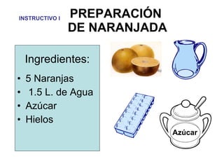 PREPARACIÓN  DE NARANJADA ,[object Object],[object Object],[object Object],[object Object],[object Object],Azúcar INSTRUCTIVO I 