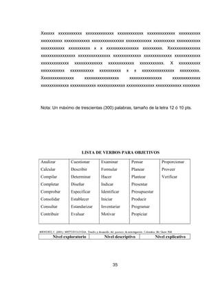 Xxxxxx xxxxxxxxxxx xxxxxxxxxxxxx xxxxxxxxxxxx xxxxxxxxxxxxx xxxxxxxxxx
xxxxxxxxxx xxxxxxxxxxxx xxxxxxxxxxxxxxx xxxxxxxxxxxx xxxxxxxxxx xxxxxxxxxxx
xxxxxxxxxxx xxxxxxxxxx x x xxxxxxxxxxxxxxx xxxxxxxxx. Xxxxxxxxxxxxxxx
xxxxxxxxxxxxxxxx xxxxxxxxxxxxxxx xxxxxxxxxxxxx xxxxxxxxxxxxx xxxxxxxxxxxx
xxxxxxxxxxxxx     xxxxxxxxxxxxx      xxxxxxxxxxxx         xxxxxxxxxxx.     X      xxxxxxxxxx
xxxxxxxxxxx     xxxxxxxxxxx     xxxxxxxxxx      x     x    xxxxxxxxxxxxxxx        xxxxxxxxx.
Xxxxxxxxxxxxxxx           xxxxxxxxxxxxxxxx          xxxxxxxxxxxxxxx         xxxxxxxxxxxxx
xxxxxxxxxxxxx xxxxxxxxxxxx xxxxxxxxxxxxx xxxxxxxxxxxxx xxxxxxxxxxxx xxxxxxxx




Nota: Un máximo de trescientas (300) palabras, tamaño de la letra 12 ó 10 pts.




                      LISTA DE VERBOS PARA OBJETIVOS

Analizar        Cuestionar       Examinar           Pensar            Proporcionar
Calcular        Describir        Formular           Planear           Proveer
Compilar        Determinar       Hacer              Plantear          Verificar
Completar       Diseñar          Indicar            Presentar
Comprobar       Especificar      Identificar        Presupuestar
Consolidar      Establecer       Iniciar            Producir
Consultar       Estandarizar     Inventariar        Programar
Contribuir      Evaluar          Motivar            Propiciar




      Nivel exploratorio           Nivel descriptivo               Nivel explicativo




                                           35
 