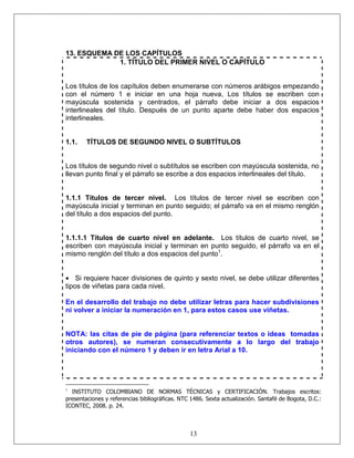 13
13. ESQUEMA DE LOS CAPÍTULOS
1. TÍTULO DEL PRIMER NIVEL O CAPÍTULO
Los títulos de los capítulos deben enumerarse con números arábigos empezando
con el número 1 e iniciar en una hoja nueva, Los títulos se escriben con
mayúscula sostenida y centrados, el párrafo debe iniciar a dos espacios
interlineales del título. Después de un punto aparte debe haber dos espacios
interlineales.
1.1. TÍTULOS DE SEGUNDO NIVEL O SUBTÍTULOS
Los títulos de segundo nivel o subtítulos se escriben con mayúscula sostenida, no
llevan punto final y el párrafo se escribe a dos espacios interlineales del título.
1.1.1 Títulos de tercer nivel. Los títulos de tercer nivel se escriben con
mayúscula inicial y terminan en punto seguido; el párrafo va en el mismo renglón
del título a dos espacios del punto.
1.1.1.1 Títulos de cuarto nivel en adelante. Los títulos de cuarto nivel, se
escriben con mayúscula inicial y terminan en punto seguido, el párrafo va en el
mismo renglón del título a dos espacios del punto1
.
• Si requiere hacer divisiones de quinto y sexto nivel, se debe utilizar diferentes
tipos de viñetas para cada nivel.
En el desarrollo del trabajo no debe utilizar letras para hacer subdivisiones
ni volver a iniciar la numeración en 1, para estos casos use viñetas.
NOTA: las citas de pie de página (para referenciar textos o ideas tomadas
otros autores), se numeran consecutivamente a lo largo del trabajo
iniciando con el número 1 y deben ir en letra Arial a 10.
1
INSTITUTO COLOMBIANO DE NORMAS TÉCNICAS y CERTIFICACIÓN. Trabajos escritos:
presentaciones y referencias bibliográficas. NTC 1486. Sexta actualización. Santafé de Bogota, D.C.:
ICONTEC, 2008. p. 24.
 