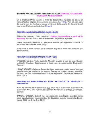 15
NORMAS PARA ELABORAR REFERENCIAS PARA FUENTES, CITAS DE PIE
DE PÁGINA Y BIBLIOGRAFÍA
En la BIBLIOGRAFÍA cuando se trate de documentos impresos, se coloca el
número total de páginas del documento consultado. Ej.: 112 p. Y en las citas a pie
de página o en las fuentes se coloca el número de la página del documento del
cual se tomó la información textual. Ej.: p. 5.
REFERENCIAS BIBLIOGRÁFICAS PARA LIBROS
APELLIDO, Nombre. Título: subtítulo. Edición (se menciona a partir de la
segunda). Ciudad: Editor, año de publicación. Paginación. Ejemplo:
BEER, Ferdinand y RUSEEL, E. Mecánica vectorial para ingenieros: Estática. 6
ed. Madrid: McGraw-Hill, 1997. 539 p.
Si no existe el autor, se inicia por el título con mayúscula inicial para cualquier tipo
de documento.
REFERENCIAS BIBLIOGRÁFICAS PARA TESIS
APELLIDO, Nombre. Título: subtítulo. Mención o grado al que se opta. Ciudad:
Institución. Facultad. Departamento o Área, año de presentación. Paginación.
Ejemplo:
HENAO ARANGO, Catherine. Desarrollo de un sistema de costeo en una empresa
manufacturera de productos de tocador. Trabajo de grado Ingeniero Industrial.
Santiago de Cali: Universidad Autónoma de Occidente. Facultad de Ingeniería,
2000. 320 p.
REFERENCIAS BIBLIOGRÁFICAS PARA ARTÍCULOS DE REVISTAS Y
PERIÓDICOS
Autor del artículo. Título del artículo. En: Título de la publicación: subtítulo de la
publicación. Mes, año, Número del volumen. Número de la entrega, paginación.
Ejemplo:
ZAMORA GARZÓN, Gabriel. La especialización tecnológica: consideraciones
sobre su naturaleza y requerimientos. En: Educación superior y desarrollo. Enero-
marzo, 2003, vol. 3, no. 1, p. 10-20.
 
