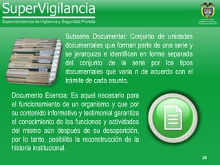 16
Documento Esencia: Es aquel necesario para
el funcionamiento de un organismo y que por
su contenido informativo y testimonial garantiza
el conocimiento de las funciones y actividades
del mismo aún después de su desaparición,
por lo tanto, posibilita la reconstrucción de la
historia institucional.
Subserie Documental: Conjunto de unidades
documentales que forman parte de una serie y
se jerarquiza e identifican en forma separada
del conjunto de la serie por los tipos
documentales que varía n de acuerdo con el
trámite de cada asunto.
 