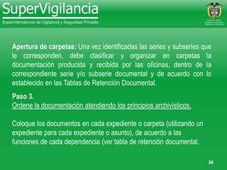 36
Apertura de carpetas: Una vez identificadas las series y subseries que
le corresponden, debe clasificar y organizar en carpetas la
documentación producida y recibida por las oficinas, dentro de la
correspondiente serie y/o subserie documental y de acuerdo con lo
establecido en las Tablas de Retención Documental.
Paso 3.
Ordene la documentación atendiendo los principios archivísticos.
Coloque los documentos en cada expediente o carpeta (utilizando un
expediente para cada expediente o asunto), de acuerdo a las
funciones de cada dependencia (ver tabla de retención documental.
 