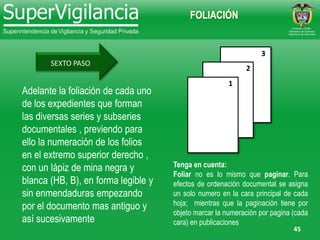 45
SEXTO PASO
Adelante la foliación de cada uno
de los expedientes que forman
las diversas series y subseries
documentales , previendo para
ello la numeración de los folios
en el extremo superior derecho ,
con un lápiz de mina negra y
blanca (HB, B), en forma legible y
sin enmendaduras empezando
por el documento mas antiguo y
así sucesivamente
3
2
1
Tenga en cuenta:
Foliar no es lo mismo que paginar. Para
efectos de ordenación documental se asigna
un solo numero en la cara principal de cada
hoja; mientras que la paginación tiene por
objeto marcar la numeración por pagina (cada
cara) en publicaciones
FOLIACIÓN
 