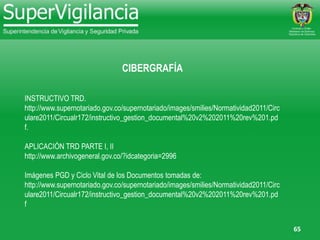 65
CIBERGRAFÍA
INSTRUCTIVO TRD.
http://www.supernotariado.gov.co/supernotariado/images/smilies/Normatividad2011/Circ
ulare2011/Circualr172/instructivo_gestion_documental%20v2%202011%20rev%201.pd
f.
APLICACIÓN TRD PARTE I, II
http://www.archivogeneral.gov.co/?idcategoria=2996
Imágenes PGD y Ciclo Vital de los Documentos tomadas de:
http://www.supernotariado.gov.co/supernotariado/images/smilies/Normatividad2011/Circ
ulare2011/Circualr172/instructivo_gestion_documental%20v2%202011%20rev%201.pd
f
 