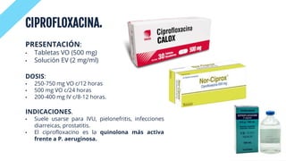 CIPROFLOXACINA.
PRESENTACIÓN:
• Tabletas VO (500 mg)
• Solución EV (2 mg/ml)
DOSIS:
• 250-750 mg VO c/12 horas
• 500 mg VO c/24 horas
• 200-400 mg IV c/8-12 horas.
INDICACIONES.
• Suele usarse para IVU, pielonefritis, infecciones
diarreicas, prostatitis.
• El ciprofloxacino es la quinolona más activa
frente a P. aeruginosa.
 