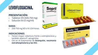 LEVOFLOXACINA.
PRESENTACIÓN:
• Tabletas VO (500,750 mg)
• Solución EV (5 mg/ml)
DOSIS:
• 250-750 mg VO o IV c/24 horas.
INDICACIONES.
• Tienen mayor cobertura frente a estreptococos y
también abarca P. aeruginosa.
• Útil en el tratamiento de bronquitis, neumonía
extrahospitalaria y las IVU.
 