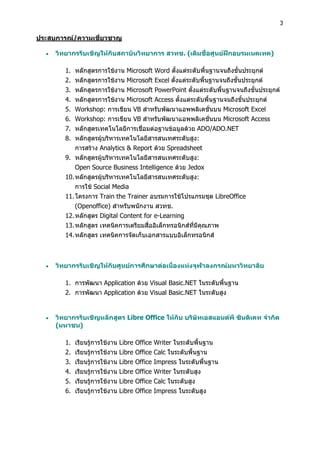 3
ประสบการณ/ความเชี่ยวชาญ
 วิทยากรรับเชิญใหกับสถาบันวิทยาการ สวทช. (เดิมชื่อศูนยฝกอบรมเนคเทค)
1. หลักสูตรการใชงาน Microsoft Word ตั้งแตระดับพื้นฐานจนถึงขั้นประยุกต
2. หลักสูตรการใชงาน Microsoft Excel ตั้งแตระดับพื้นฐานจนถึงขั้นประยุกต
3. หลักสูตรการใชงาน Microsoft PowerPoint ตั้งแตระดับพื้นฐานจนถึงขั้นประยุกต
4. หลักสูตรการใชงาน Microsoft Access ตั้งแตระดับพื้นฐานจนถึงขั้นประยุกต
5. Workshop: การเขียน VB สําหรับพัฒนาแอพพลิเคชั่นบน Microsoft Excel
6. Workshop: การเขียน VB สําหรับพัฒนาแอพพลิเคชั่นบน Microsoft Access
7. หลักสูตรเทคโนโลยีการเชื่อมตอฐานขอมูลดวย ADO/ADO.NET
8. หลักสูตรผูบริหารเทคโนโลยีสารสนเทศระดับสูง:
การสราง Analytics & Report ดวย Spreadsheet
9. หลักสูตรผูบริหารเทคโนโลยีสารสนเทศระดับสูง:
Open Source Business Intelligence ดวย Jedox
10.หลักสูตรผูบริหารเทคโนโลยีสารสนเทศระดับสูง:
การใช Social Media
11.โครงการ Train the Trainer อบรมการใชโปรแกรมชุด LibreOffice
(Openoffice) สําหรับพนักงาน สวทช.
12.หลักสูตร Digital Content for e-Learning
13.หลักสูตร เทคนิคการเตรียมสื่ออิเล็กทรอนิกสที่มีคุณภาพ
14.หลักสูตร เทคนิคการจัดเก็บเอกสารแบบอิเล็กทรอนิกส
 วิทยากรรับเชิญใหกับศูนยการศึกษาตอเนื่องแหงจุฬาลงกรณมหาวิทยาลัย
1. การพัฒนา Application ดวย Visual Basic.NET ในระดับพื้นฐาน
2. การพัฒนา Application ดวย Visual Basic.NET ในระดับสูง
 วิทยากรรับเชิญหลักสูตร Libre Office ใหกับ บริษัทเอสแอนดพี ซินดิเคท จํากัด
(มหาชน)
1. เรียนรูการใชงาน Libre Office Writer ในระดับพื้นฐาน
2. เรียนรูการใชงาน Libre Office Calc ในระดับพื้นฐาน
3. เรียนรูการใชงาน Libre Office Impress ในระดับพื้นฐาน
4. เรียนรูการใชงาน Libre Office Writer ในระดับสูง
5. เรียนรูการใชงาน Libre Office Calc ในระดับสูง
6. เรียนรูการใชงาน Libre Office Impress ในระดับสูง
 