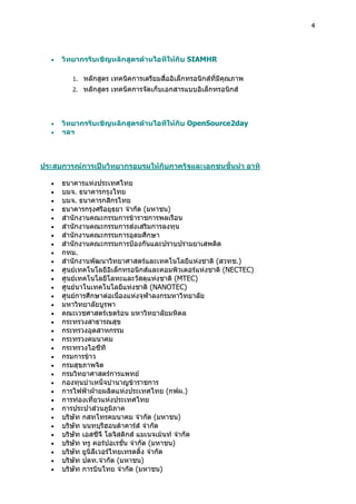 4
 วิทยากรรับเชิญหลักสูตรดานไอทีใหกับ SIAMHR
1. หลักสูตร เทคนิคการเตรียมสื่ออิเล็กทรอนิกสที่มีคุณภาพ
2. หลักสูตร เทคนิคการจัดเก็บเอกสารแบบอิเล็กทรอนิกส
 วิทยากรรับเชิญหลักสูตรดานไอทีใหกับ OpenSource2day
 ฯลฯ
ประสบการณการเปนวิทยากรอบรมใหกับภาครัฐและเอกชนชั้นนํา อาทิ
 ธนาคารแหงประเทศไทย
 บมจ. ธนาคารกรุงไทย
 บมจ. ธนาคารกสิกรไทย
 ธนาคารกรุงศรีอยุธยา จํากัด (มหาชน)
 สํานักงานคณะกรรมการขาราชการพลเรือน
 สํานักงานคณะกรรมการสงเสริมการลงทุน
 สํานักงานคณะกรรมการอุดมศึกษา
 สํานักงานคณะกรรมการปองกันและปราบปรามยาเสพติด
 กทม.
 สํานักงานพัฒนาวิทยาศาสตรและเทคโนโลยีแหงชาติ (สวทช.)
 ศูนยเทคโนโลยีอิเล็กทรอนิกสและคอมพิวเตอรแหงชาติ (NECTEC)
 ศูนยเทคโนโลยีโลหะและวัสดุแหงชาติ (MTEC)
 ศูนยนาโนเทคโนโลยีแหงชาติ (NANOTEC)
 ศูนยการศึกษาตอเนื่องแหงจุฬาลงกรมหาวิทยาลัย
 มหาวิทยาลัยบูรพา
 คณะเวชศาสตรเขตรอน มหาวิทยาลัยมหิดล
 กระทรวงสาธารณสุข
 กระทรวงอุตสาหกรรม
 กระทรวงคมนาคม
 กระทรวงไอซีที
 กรมการขาว
 กรมสุขภาพจิต
 กรมวิทยาศาสตรการแพทย
 กองทุนบําเหน็จบํานาญขาราชการ
 การไฟฟาฝายผลิตแหงประเทศไทย (กฟผ.)
 การทองเที่ยวแหงประเทศไทย
 การประปาสวนภูมิภาค
 บริษัท กสทโทรคมนาคม จํากัด (มหาชน)
 บริษัท นนทบุรีฮอนดาคารส จํากัด
 บริษัท เอสซีจี โลจิสติกส แมเนจเมนท จํากัด
 บริษัท ทรู คอรปอเรชั่น จํากัด (มหาชน)
 บริษัท ยูนิลีเวอรไทยเทรดดิ้ง จํากัด
 บริษัท ปตท.จํากัด (มหาชน)
 บริษัท การบินไทย จํากัด (มหาชน)
 