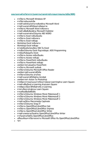 8
ผลงานทางดานวิชาการ (บทความ/เอกสารประกอบการอบรม/คูมือ/KM)
 การใชงาน Microsoft Windows XP
 การใชงานอินเทอรเน็ต
 การสรางสรรคเอกสารงานพิมพดวย Microsoft Word
 การสรางเอกสารดิจิทัลอยางมีคุณภาพ
 การใชงาน Microsoft Word ระดับกลาง
 การสรางสื่อสิ่งพิมพดวย Microsoft Publisher
 การสรางเอกสารดวยโปรแกรม ABI WORD
 การใชงาน Excel ระดับเบื้องตน
 การใชงาน Excel ระดับกลาง
 การใชงาน Excel ระดับสูง
 Workshop Excel ระดับกลาง
 Workshop Excel ระดับสูง
 ความรูเบื้องตนกอนเขียน VBA ใน Excel
 การเขียนโปรแกรม Excel กับฐานขอมูล: ADO Programming
 การปองกันขอมูลใน Excel
 การใชงาน Access ระดับเบื้องตน
 การใชงาน Access ระดับสูง
 การใชงาน PowerPoint ระดับเบื้องตน
 การใชงาน PowerPoint ระดับสูง
 เทคนิคการนําเสนอดวย PowerPoint
 การใชงาน Microsoft outlook
 การใชงานโปรแกรม Microsoft Office Reader
 เทคนิคการสรางเอกสารดิจิทัล
 การใชงานโปรแกรม อานไทย
 การสรางเอกสารดิจิทัลดวย Acrobat
 เทคนิคการทํา Action ใน Photoshop
 การพัฒนาการออกแบบการเรียนการสอนe-Learningดวย Learn Square
 การสรางสื่อเรียนรู e-Learning ดวยLearn Square
 การพัฒนาเนื้อหาดิจิทัลสําหรับ e-Learning
 การนําเนื้อหาเขาสูระบบ Learn Square
 การเตรียมสื่อมัลติมีเดีย
 การใชงานโปรแกรม Windows Movie Makerตอนที่ 1
 การใชงานโปรแกรม Windows Movie Makerตอนที่ 2
 การใชงานโปรแกรม Windows Movie Makerตอนที่ 3
 การสรางมูวี่ดวย Macromedia Captivate
 การใชงานโปรแกรม Snag IT
 การใชงาน OpenOffice/LibreOffice Calc
 การใชงาน OpenOffice/LibreOffice Impress
 การใชงาน OpenOffice/LibreOffice Writer
 การสรางจดหมายเวียนดวย OpenOffice/LibreOffice Writer
 การโอนยายไฟลใน OpenOffice/LibreOffice
 เปรียบเทียบการใชงานระหวาง Microsoft Office กับ OpenOffice/LibreOffice
 ฯลฯ
--------------------------------------------------------------------------------------------------------
 
