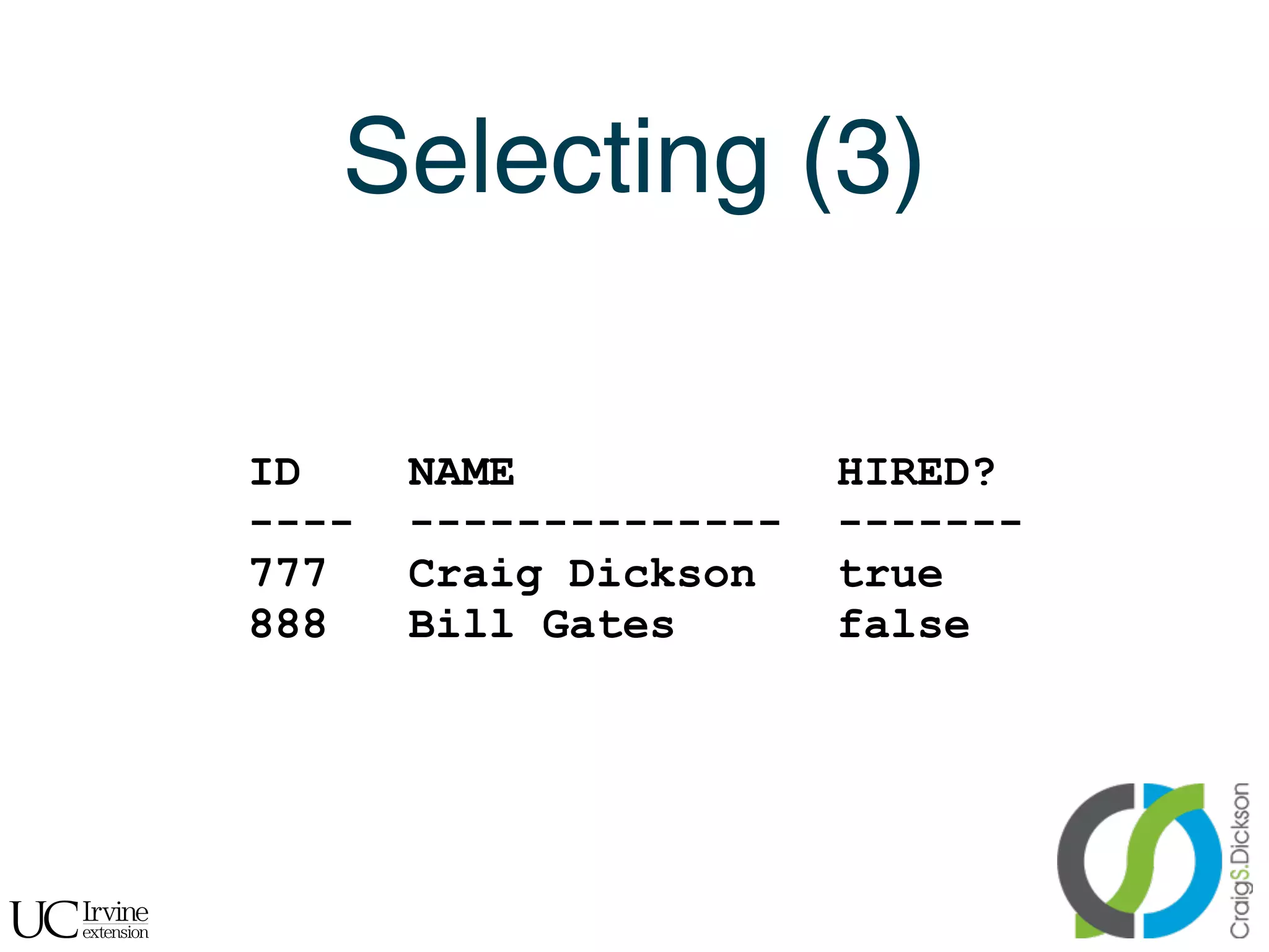 Selecting (3)

    ID     NAME             HIRED?
    ----   --------------   -------
    777    Craig Dickson    true
    888    Bill Gates       false




!
 