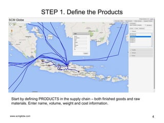 www.scmglobe.com 4
STEP 1. Define the Products
Start by defining PRODUCTS in the supply chain – both finished goods and raw
materials. Enter name, volume, weight and cost information.
 
