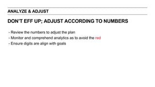ANALYZE & ADJUST
‣ Review the numbers to adjust the plan
‣ Monitor and comprehend analytics as to avoid the red
‣ Ensure digits are align with goals
DON’T EFF UP; ADJUST ACCORDING TO NUMBERS
 