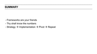 SUMMARY
‣ Frameworks are your friends
‣ Thy shall know the numbers
‣ Strategy  Implementation  Pivot  Repeat
 