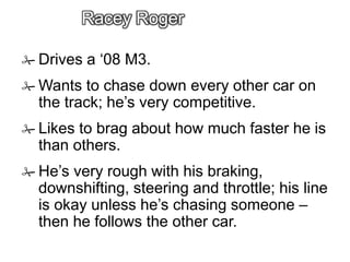 Racey Roger
 Drives a ‘08 M3.
 Wants to chase down every other car on
the track; he’s very competitive.
 Likes to brag about how much faster he is
than others.
 He’s very rough with his braking,
downshifting, steering and throttle; his line
is okay unless he’s chasing someone –
then he follows the other car.
 