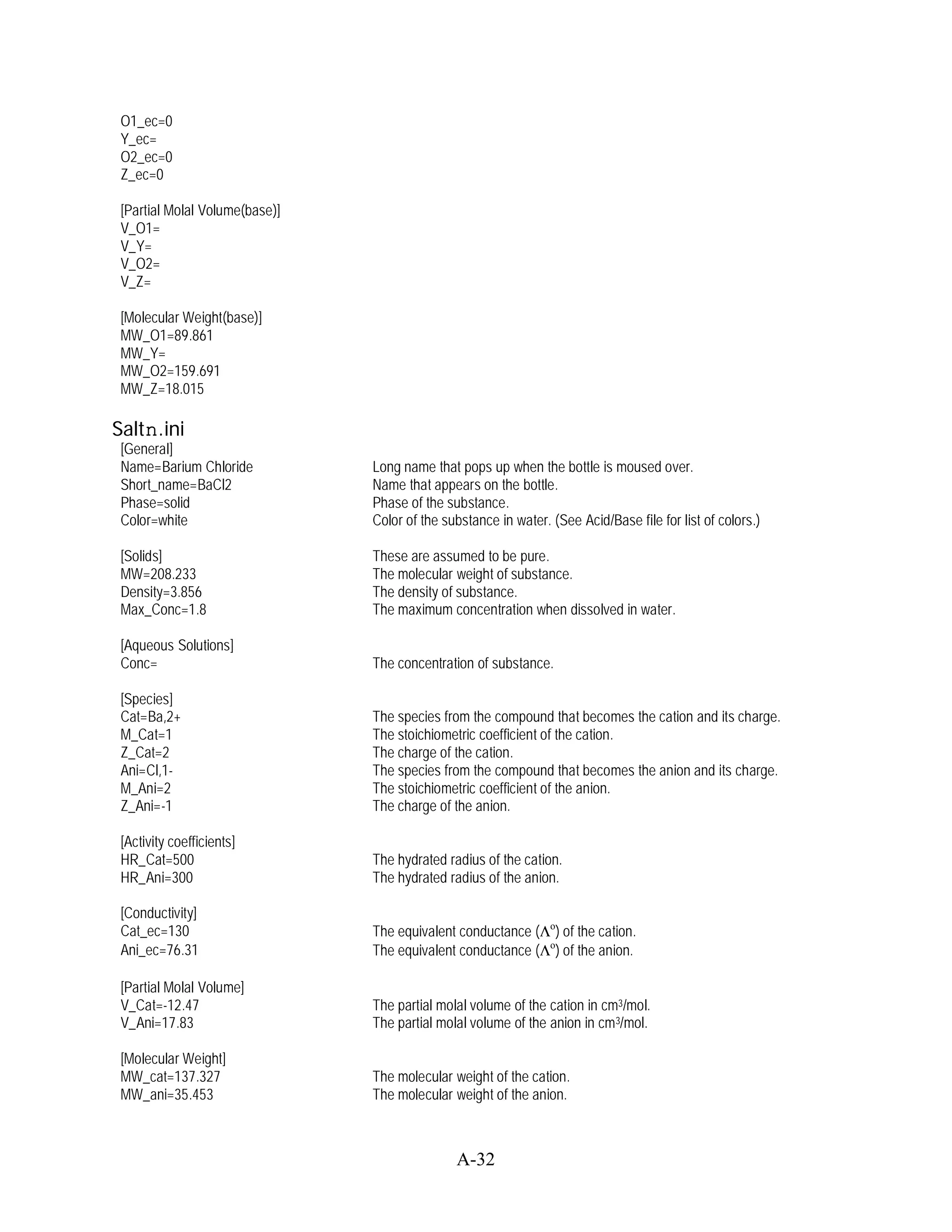 O1_ec=0
 Y_ec=
 O2_ec=0
 Z_ec=0

 [Partial Molal Volume(base)]
 V_O1=
 V_Y=
 V_O2=
 V_Z=

 [Molecular Weight(base)]
 MW_O1=89.861
 MW_Y=
 MW_O2=159.691
 MW_Z=18.015

Saltn.ini
 [General]
 Name=Barium Chloride           Long name that pops up when the bottle is moused over.
 Short_name=BaCl2               Name that appears on the bottle.
 Phase=solid                    Phase of the substance.
 Color=white                    Color of the substance in water. (See Acid/Base file for list of colors.)

 [Solids]                       These are assumed to be pure.
 MW=208.233                     The molecular weight of substance.
 Density=3.856                  The density of substance.
 Max_Conc=1.8                   The maximum concentration when dissolved in water.

 [Aqueous Solutions]
 Conc=                          The concentration of substance.

 [Species]
 Cat=Ba,2+                      The species from the compound that becomes the cation and its charge.
 M_Cat=1                        The stoichiometric coefficient of the cation.
 Z_Cat=2                        The charge of the cation.
 Ani=Cl,1-                      The species from the compound that becomes the anion and its charge.
 M_Ani=2                        The stoichiometric coefficient of the anion.
 Z_Ani=-1                       The charge of the anion.

 [Activity coefficients]
 HR_Cat=500                     The hydrated radius of the cation.
 HR_Ani=300                     The hydrated radius of the anion.

 [Conductivity]
 Cat_ec=130                     The equivalent conductance (     o
                                                                     ) of the cation.
 Ani_ec=76.31                   The equivalent conductance (     o
                                                                     ) of the anion.

 [Partial Molal Volume]
 V_Cat=-12.47                   The partial molal volume of the cation in cm3/mol.
 V_Ani=17.83                    The partial molal volume of the anion in cm3/mol.

 [Molecular Weight]
 MW_cat=137.327                 The molecular weight of the cation.
 MW_ani=35.453                  The molecular weight of the anion.



                                               A-32
 