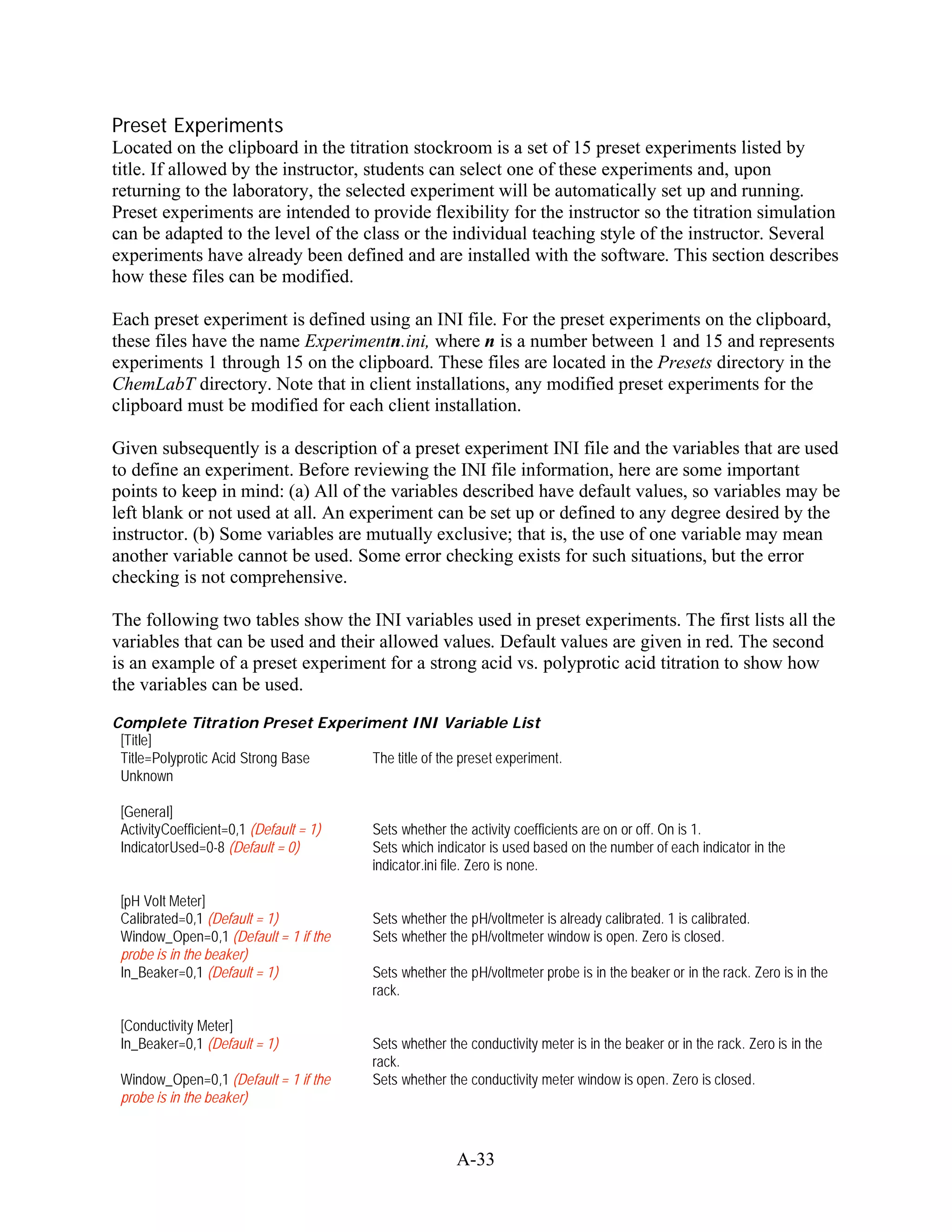 Preset Experiments
Located on the clipboard in the titration stockroom is a set of 15 preset experiments listed by
title. If allowed by the instructor, students can select one of these experiments and, upon
returning to the laboratory, the selected experiment will be automatically set up and running.
Preset experiments are intended to provide flexibility for the instructor so the titration simulation
can be adapted to the level of the class or the individual teaching style of the instructor. Several
experiments have already been defined and are installed with the software. This section describes
how these files can be modified.

Each preset experiment is defined using an INI file. For the preset experiments on the clipboard,
these files have the name Experimentn.ini, where n is a number between 1 and 15 and represents
experiments 1 through 15 on the clipboard. These files are located in the Presets directory in the
ChemLabT directory. Note that in client installations, any modified preset experiments for the
clipboard must be modified for each client installation.

Given subsequently is a description of a preset experiment INI file and the variables that are used
to define an experiment. Before reviewing the INI file information, here are some important
points to keep in mind: (a) All of the variables described have default values, so variables may be
left blank or not used at all. An experiment can be set up or defined to any degree desired by the
instructor. (b) Some variables are mutually exclusive; that is, the use of one variable may mean
another variable cannot be used. Some error checking exists for such situations, but the error
checking is not comprehensive.

The following two tables show the INI variables used in preset experiments. The first lists all the
variables that can be used and their allowed values. Default values are given in red. The second
is an example of a preset experiment for a strong acid vs. polyprotic acid titration to show how
the variables can be used.

Complete Titration Preset Experiment INI Variable List
 [Title]
 Title=Polyprotic Acid Strong Base The title of the preset experiment.
 Unknown

 [General]
 ActivityCoefficient=0,1 (Default = 1)   Sets whether the activity coefficients are on or off. On is 1.
 IndicatorUsed=0-8 (Default = 0)         Sets which indicator is used based on the number of each indicator in the
                                         indicator.ini file. Zero is none.

 [pH Volt Meter]
 Calibrated=0,1 (Default = 1)            Sets whether the pH/voltmeter is already calibrated. 1 is calibrated.
 Window_Open=0,1 (Default = 1 if the     Sets whether the pH/voltmeter window is open. Zero is closed.
 probe is in the beaker)
 In_Beaker=0,1 (Default = 1)             Sets whether the pH/voltmeter probe is in the beaker or in the rack. Zero is in the
                                         rack.

 [Conductivity Meter]
 In_Beaker=0,1 (Default = 1)             Sets whether the conductivity meter is in the beaker or in the rack. Zero is in the
                                         rack.
 Window_Open=0,1 (Default = 1 if the     Sets whether the conductivity meter window is open. Zero is closed.
 probe is in the beaker)



                                                        A-33
 