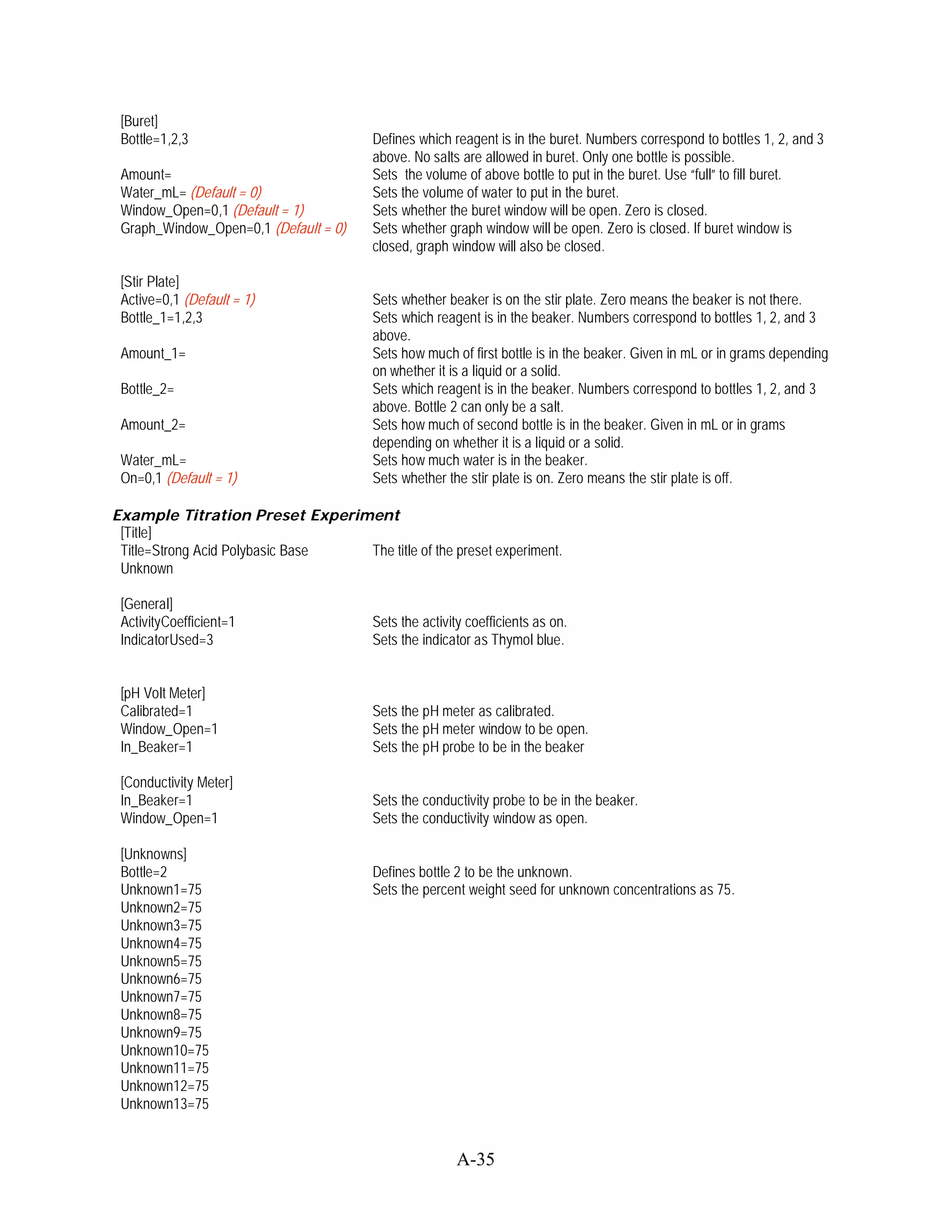 [Buret]
 Bottle=1,2,3                          Defines which reagent is in the buret. Numbers correspond to bottles 1, 2, and 3
                                       above. No salts are allowed in buret. Only one bottle is possible.
 Amount=                               Sets the volume of above bottle to put in the buret. Use “full” to fill buret.
 Water_mL= (Default = 0)               Sets the volume of water to put in the buret.
 Window_Open=0,1 (Default = 1)         Sets whether the buret window will be open. Zero is closed.
 Graph_Window_Open=0,1 (Default = 0)   Sets whether graph window will be open. Zero is closed. If buret window is
                                       closed, graph window will also be closed.

 [Stir Plate]
 Active=0,1 (Default = 1)              Sets whether beaker is on the stir plate. Zero means the beaker is not there.
 Bottle_1=1,2,3                        Sets which reagent is in the beaker. Numbers correspond to bottles 1, 2, and 3
                                       above.
 Amount_1=                             Sets how much of first bottle is in the beaker. Given in mL or in grams depending
                                       on whether it is a liquid or a solid.
 Bottle_2=                             Sets which reagent is in the beaker. Numbers correspond to bottles 1, 2, and 3
                                       above. Bottle 2 can only be a salt.
 Amount_2=                             Sets how much of second bottle is in the beaker. Given in mL or in grams
                                       depending on whether it is a liquid or a solid.
 Water_mL=                             Sets how much water is in the beaker.
 On=0,1 (Default = 1)                  Sets whether the stir plate is on. Zero means the stir plate is off.

Example Titration Preset Experiment
 [Title]
 Title=Strong Acid Polybasic Base The title of the preset experiment.
 Unknown

 [General]
 ActivityCoefficient=1                 Sets the activity coefficients as on.
 IndicatorUsed=3                       Sets the indicator as Thymol blue.


 [pH Volt Meter]
 Calibrated=1                          Sets the pH meter as calibrated.
 Window_Open=1                         Sets the pH meter window to be open.
 In_Beaker=1                           Sets the pH probe to be in the beaker

 [Conductivity Meter]
 In_Beaker=1                           Sets the conductivity probe to be in the beaker.
 Window_Open=1                         Sets the conductivity window as open.

 [Unknowns]
 Bottle=2                              Defines bottle 2 to be the unknown.
 Unknown1=75                           Sets the percent weight seed for unknown concentrations as 75.
 Unknown2=75
 Unknown3=75
 Unknown4=75
 Unknown5=75
 Unknown6=75
 Unknown7=75
 Unknown8=75
 Unknown9=75
 Unknown10=75
 Unknown11=75
 Unknown12=75
 Unknown13=75


                                                      A-35
 