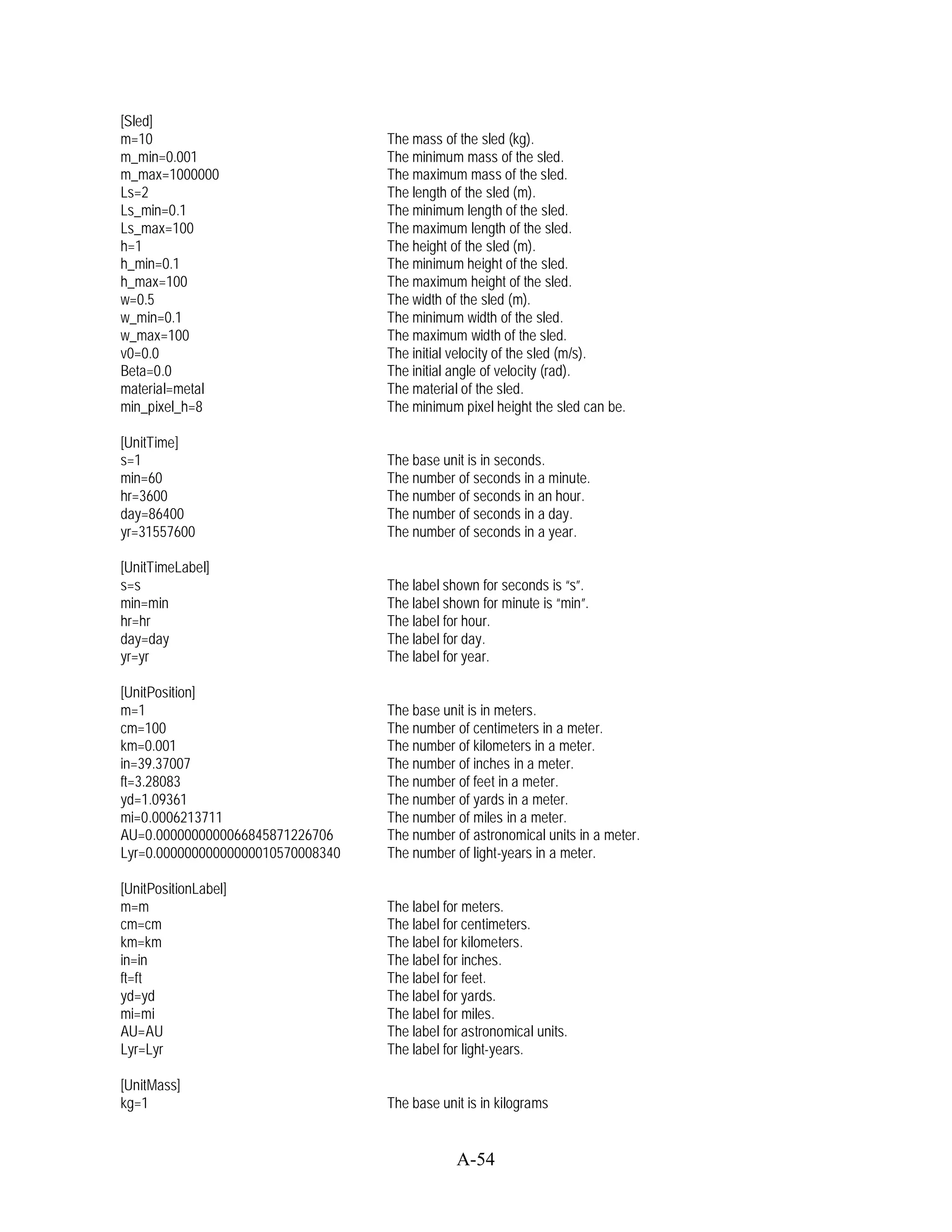[Sled]
m=10                               The mass of the sled (kg).
m_min=0.001                        The minimum mass of the sled.
m_max=1000000                      The maximum mass of the sled.
Ls=2                               The length of the sled (m).
Ls_min=0.1                         The minimum length of the sled.
Ls_max=100                         The maximum length of the sled.
h=1                                The height of the sled (m).
h_min=0.1                          The minimum height of the sled.
h_max=100                          The maximum height of the sled.
w=0.5                              The width of the sled (m).
w_min=0.1                          The minimum width of the sled.
w_max=100                          The maximum width of the sled.
v0=0.0                             The initial velocity of the sled (m/s).
Beta=0.0                           The initial angle of velocity (rad).
material=metal                     The material of the sled.
min_pixel_h=8                      The minimum pixel height the sled can be.

[UnitTime]
s=1                                The base unit is in seconds.
min=60                             The number of seconds in a minute.
hr=3600                            The number of seconds in an hour.
day=86400                          The number of seconds in a day.
yr=31557600                        The number of seconds in a year.

[UnitTimeLabel]
s=s                                The label shown for seconds is “s”.
min=min                            The label shown for minute is “min”.
hr=hr                              The label for hour.
day=day                            The label for day.
yr=yr                              The label for year.

[UnitPosition]
m=1                                The base unit is in meters.
cm=100                             The number of centimeters in a meter.
km=0.001                           The number of kilometers in a meter.
in=39.37007                        The number of inches in a meter.
ft=3.28083                         The number of feet in a meter.
yd=1.09361                         The number of yards in a meter.
mi=0.0006213711                    The number of miles in a meter.
AU=0.0000000000066845871226706     The number of astronomical units in a meter.
Lyr=0.00000000000000010570008340   The number of light-years in a meter.

[UnitPositionLabel]
m=m                                The label for meters.
cm=cm                              The label for centimeters.
km=km                              The label for kilometers.
in=in                              The label for inches.
ft=ft                              The label for feet.
yd=yd                              The label for yards.
mi=mi                              The label for miles.
AU=AU                              The label for astronomical units.
Lyr=Lyr                            The label for light-years.

[UnitMass]
kg=1                               The base unit is in kilograms


                                               A-54
 