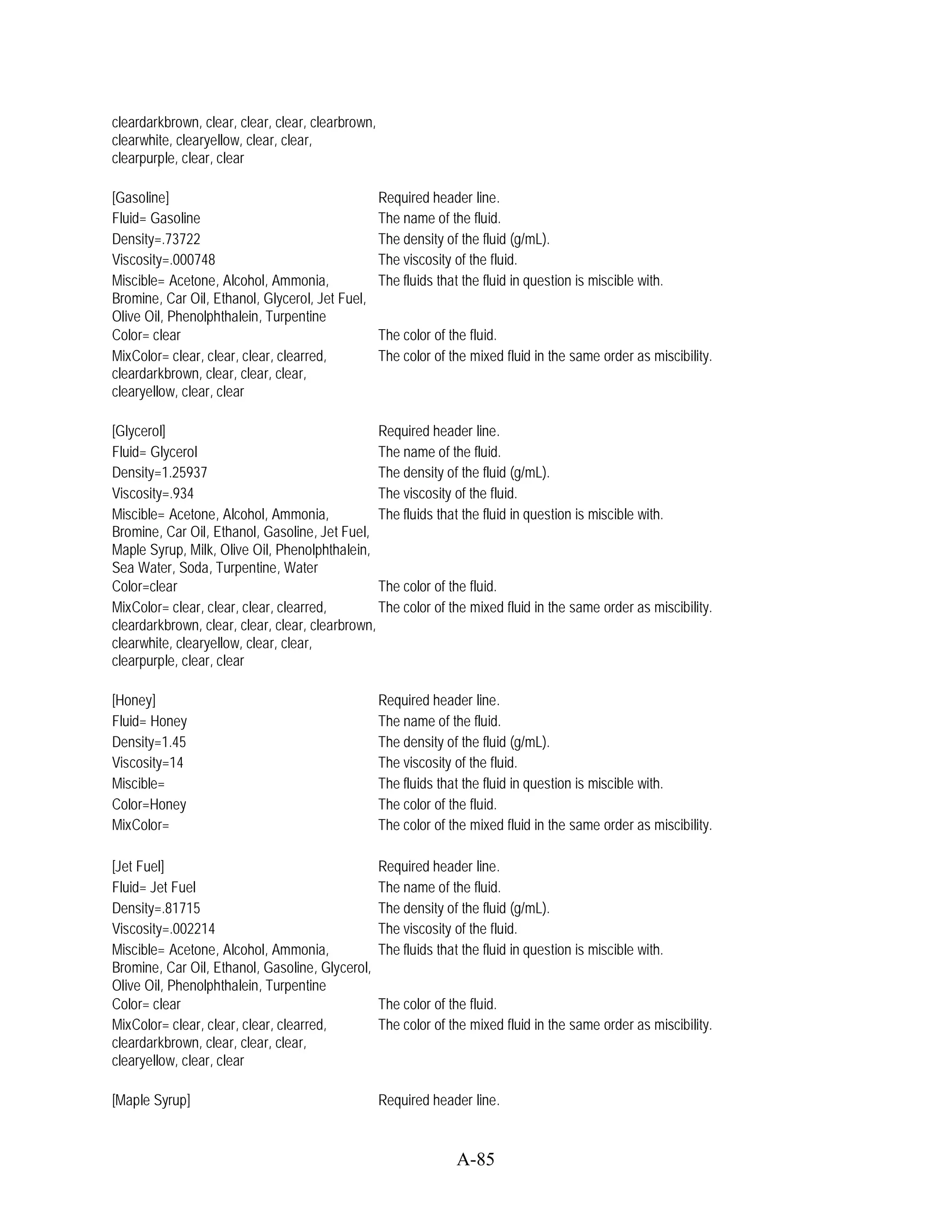 cleardarkbrown, clear, clear, clear, clearbrown,
clearwhite, clearyellow, clear, clear,
clearpurple, clear, clear

[Gasoline]                                         Required header line.
Fluid= Gasoline                                    The name of the fluid.
Density=.73722                                     The density of the fluid (g/mL).
Viscosity=.000748                                  The viscosity of the fluid.
Miscible= Acetone, Alcohol, Ammonia,               The fluids that the fluid in question is miscible with.
Bromine, Car Oil, Ethanol, Glycerol, Jet Fuel,
Olive Oil, Phenolphthalein, Turpentine
Color= clear                                       The color of the fluid.
MixColor= clear, clear, clear, clearred,           The color of the mixed fluid in the same order as miscibility.
cleardarkbrown, clear, clear, clear,
clearyellow, clear, clear

[Glycerol]                                       Required header line.
Fluid= Glycerol                                  The name of the fluid.
Density=1.25937                                  The density of the fluid (g/mL).
Viscosity=.934                                   The viscosity of the fluid.
Miscible= Acetone, Alcohol, Ammonia,             The fluids that the fluid in question is miscible with.
Bromine, Car Oil, Ethanol, Gasoline, Jet Fuel,
Maple Syrup, Milk, Olive Oil, Phenolphthalein,
Sea Water, Soda, Turpentine, Water
Color=clear                                      The color of the fluid.
MixColor= clear, clear, clear, clearred,         The color of the mixed fluid in the same order as miscibility.
cleardarkbrown, clear, clear, clear, clearbrown,
clearwhite, clearyellow, clear, clear,
clearpurple, clear, clear

[Honey]                                            Required header line.
Fluid= Honey                                       The name of the fluid.
Density=1.45                                       The density of the fluid (g/mL).
Viscosity=14                                       The viscosity of the fluid.
Miscible=                                          The fluids that the fluid in question is miscible with.
Color=Honey                                        The color of the fluid.
MixColor=                                          The color of the mixed fluid in the same order as miscibility.

[Jet Fuel]                                         Required header line.
Fluid= Jet Fuel                                    The name of the fluid.
Density=.81715                                     The density of the fluid (g/mL).
Viscosity=.002214                                  The viscosity of the fluid.
Miscible= Acetone, Alcohol, Ammonia,               The fluids that the fluid in question is miscible with.
Bromine, Car Oil, Ethanol, Gasoline, Glycerol,
Olive Oil, Phenolphthalein, Turpentine
Color= clear                                       The color of the fluid.
MixColor= clear, clear, clear, clearred,           The color of the mixed fluid in the same order as miscibility.
cleardarkbrown, clear, clear, clear,
clearyellow, clear, clear

[Maple Syrup]                                      Required header line.


                                                                  A-85
 