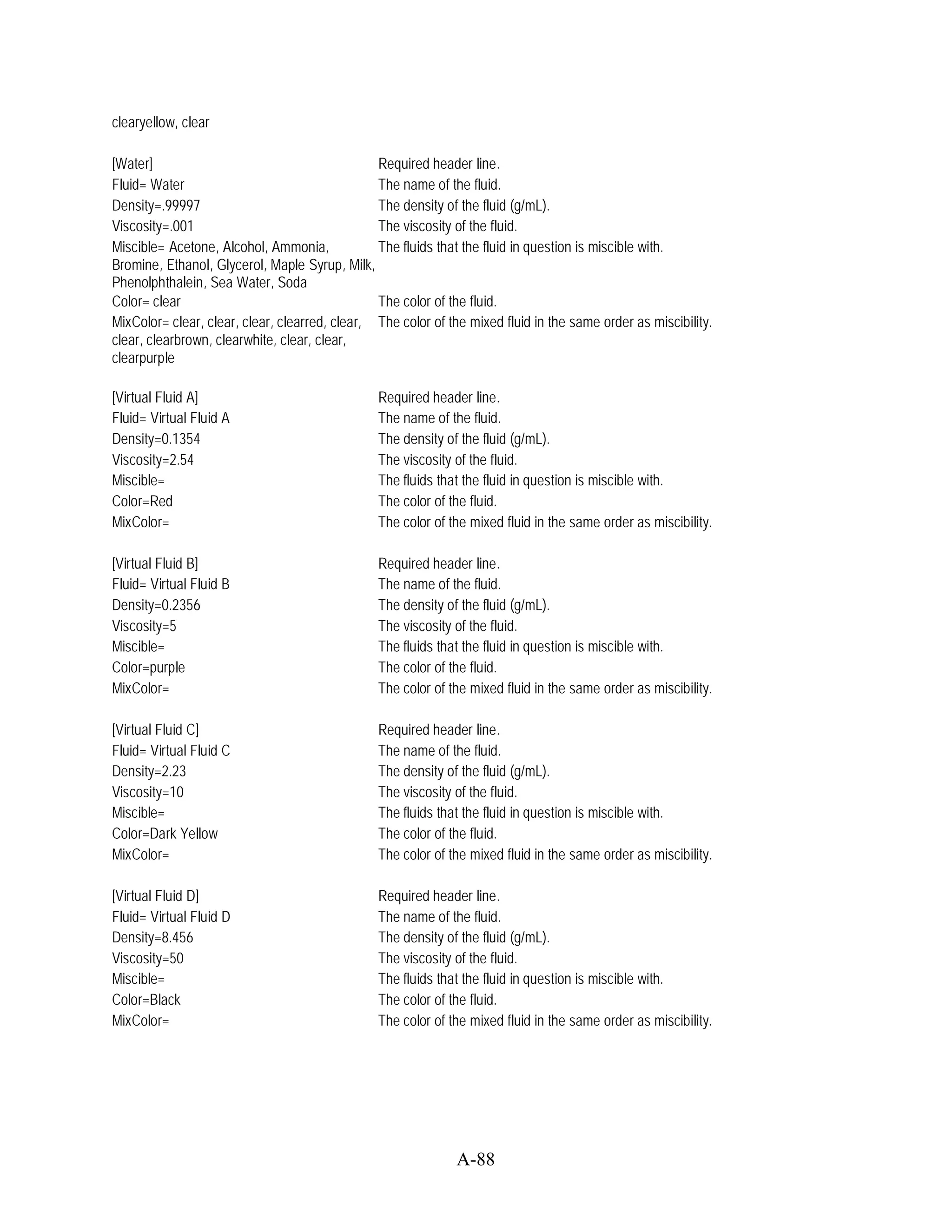 clearyellow, clear

[Water]                                         Required header line.
Fluid= Water                                    The name of the fluid.
Density=.99997                                  The density of the fluid (g/mL).
Viscosity=.001                                  The viscosity of the fluid.
Miscible= Acetone, Alcohol, Ammonia,            The fluids that the fluid in question is miscible with.
Bromine, Ethanol, Glycerol, Maple Syrup, Milk,
Phenolphthalein, Sea Water, Soda
Color= clear                                    The color of the fluid.
MixColor= clear, clear, clear, clearred, clear, The color of the mixed fluid in the same order as miscibility.
clear, clearbrown, clearwhite, clear, clear,
clearpurple

[Virtual Fluid A]                               Required header line.
Fluid= Virtual Fluid A                          The name of the fluid.
Density=0.1354                                  The density of the fluid (g/mL).
Viscosity=2.54                                  The viscosity of the fluid.
Miscible=                                       The fluids that the fluid in question is miscible with.
Color=Red                                       The color of the fluid.
MixColor=                                       The color of the mixed fluid in the same order as miscibility.

[Virtual Fluid B]                               Required header line.
Fluid= Virtual Fluid B                          The name of the fluid.
Density=0.2356                                  The density of the fluid (g/mL).
Viscosity=5                                     The viscosity of the fluid.
Miscible=                                       The fluids that the fluid in question is miscible with.
Color=purple                                    The color of the fluid.
MixColor=                                       The color of the mixed fluid in the same order as miscibility.

[Virtual Fluid C]                               Required header line.
Fluid= Virtual Fluid C                          The name of the fluid.
Density=2.23                                    The density of the fluid (g/mL).
Viscosity=10                                    The viscosity of the fluid.
Miscible=                                       The fluids that the fluid in question is miscible with.
Color=Dark Yellow                               The color of the fluid.
MixColor=                                       The color of the mixed fluid in the same order as miscibility.

[Virtual Fluid D]                               Required header line.
Fluid= Virtual Fluid D                          The name of the fluid.
Density=8.456                                   The density of the fluid (g/mL).
Viscosity=50                                    The viscosity of the fluid.
Miscible=                                       The fluids that the fluid in question is miscible with.
Color=Black                                     The color of the fluid.
MixColor=                                       The color of the mixed fluid in the same order as miscibility.




                                                               A-88
 