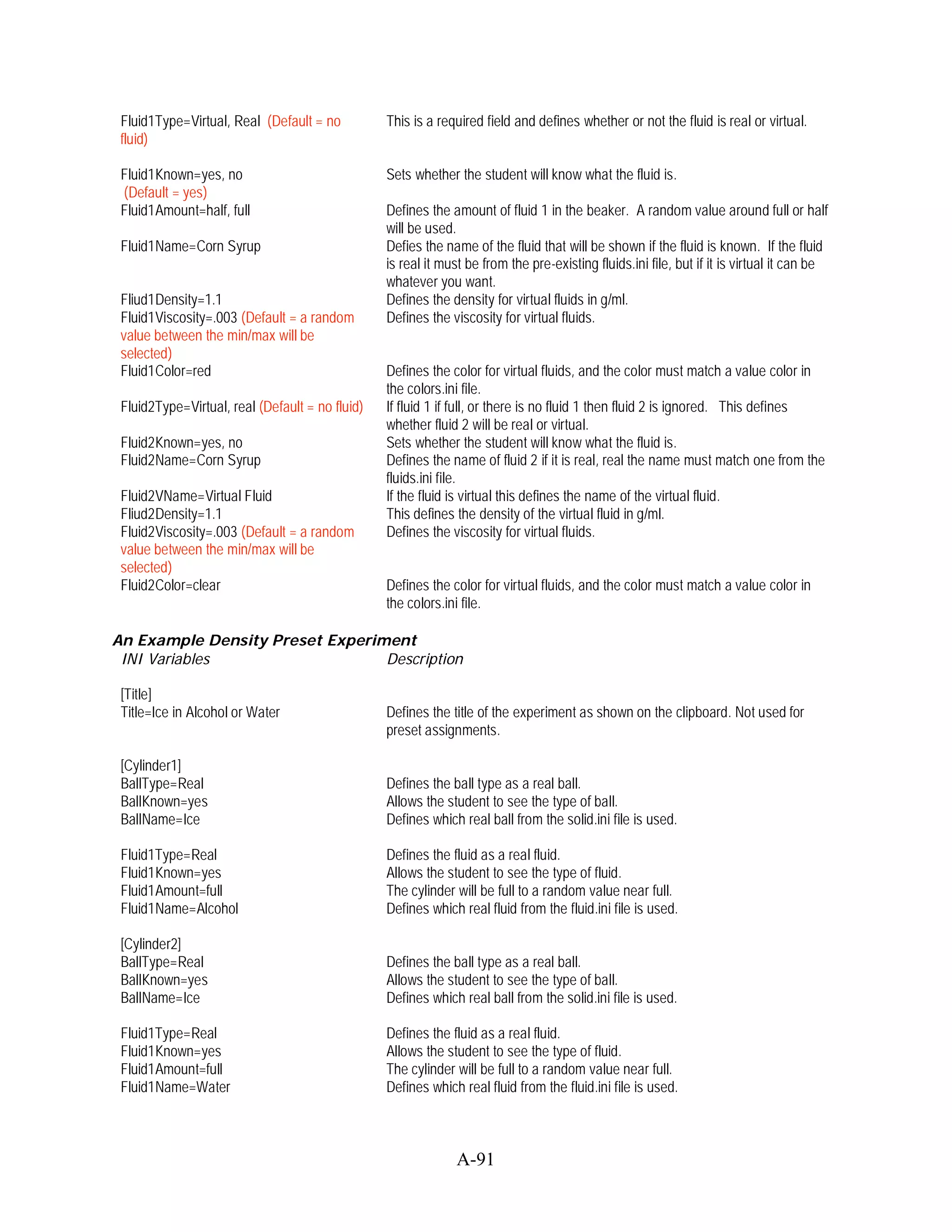 Fluid1Type=Virtual, Real (Default = no          This is a required field and defines whether or not the fluid is real or virtual.
 fluid)

 Fluid1Known=yes, no                             Sets whether the student will know what the fluid is.
 (Default = yes)
 Fluid1Amount=half, full                         Defines the amount of fluid 1 in the beaker. A random value around full or half
                                                 will be used.
 Fluid1Name=Corn Syrup                           Defies the name of the fluid that will be shown if the fluid is known. If the fluid
                                                 is real it must be from the pre-existing fluids.ini file, but if it is virtual it can be
                                                 whatever you want.
 Fliud1Density=1.1                               Defines the density for virtual fluids in g/ml.
 Fluid1Viscosity=.003 (Default = a random        Defines the viscosity for virtual fluids.
 value between the min/max will be
 selected)
 Fluid1Color=red                                 Defines the color for virtual fluids, and the color must match a value color in
                                                 the colors.ini file.
 Fluid2Type=Virtual, real (Default = no fluid)   If fluid 1 if full, or there is no fluid 1 then fluid 2 is ignored. This defines
                                                 whether fluid 2 will be real or virtual.
 Fluid2Known=yes, no                             Sets whether the student will know what the fluid is.
 Fluid2Name=Corn Syrup                           Defines the name of fluid 2 if it is real, real the name must match one from the
                                                 fluids.ini file.
 Fluid2VName=Virtual Fluid                       If the fluid is virtual this defines the name of the virtual fluid.
 Fliud2Density=1.1                               This defines the density of the virtual fluid in g/ml.
 Fluid2Viscosity=.003 (Default = a random        Defines the viscosity for virtual fluids.
 value between the min/max will be
 selected)
 Fluid2Color=clear                               Defines the color for virtual fluids, and the color must match a value color in
                                                 the colors.ini file.

An Example Density Preset Experiment
 INI Variables                   Description

 [Title]
 Title=Ice in Alcohol or Water                   Defines the title of the experiment as shown on the clipboard. Not used for
                                                 preset assignments.

 [Cylinder1]
 BallType=Real                                   Defines the ball type as a real ball.
 BallKnown=yes                                   Allows the student to see the type of ball.
 BallName=Ice                                    Defines which real ball from the solid.ini file is used.

 Fluid1Type=Real                                 Defines the fluid as a real fluid.
 Fluid1Known=yes                                 Allows the student to see the type of fluid.
 Fluid1Amount=full                               The cylinder will be full to a random value near full.
 Fluid1Name=Alcohol                              Defines which real fluid from the fluid.ini file is used.

 [Cylinder2]
 BallType=Real                                   Defines the ball type as a real ball.
 BallKnown=yes                                   Allows the student to see the type of ball.
 BallName=Ice                                    Defines which real ball from the solid.ini file is used.

 Fluid1Type=Real                                 Defines the fluid as a real fluid.
 Fluid1Known=yes                                 Allows the student to see the type of fluid.
 Fluid1Amount=full                               The cylinder will be full to a random value near full.
 Fluid1Name=Water                                Defines which real fluid from the fluid.ini file is used.



                                                               A-91
 