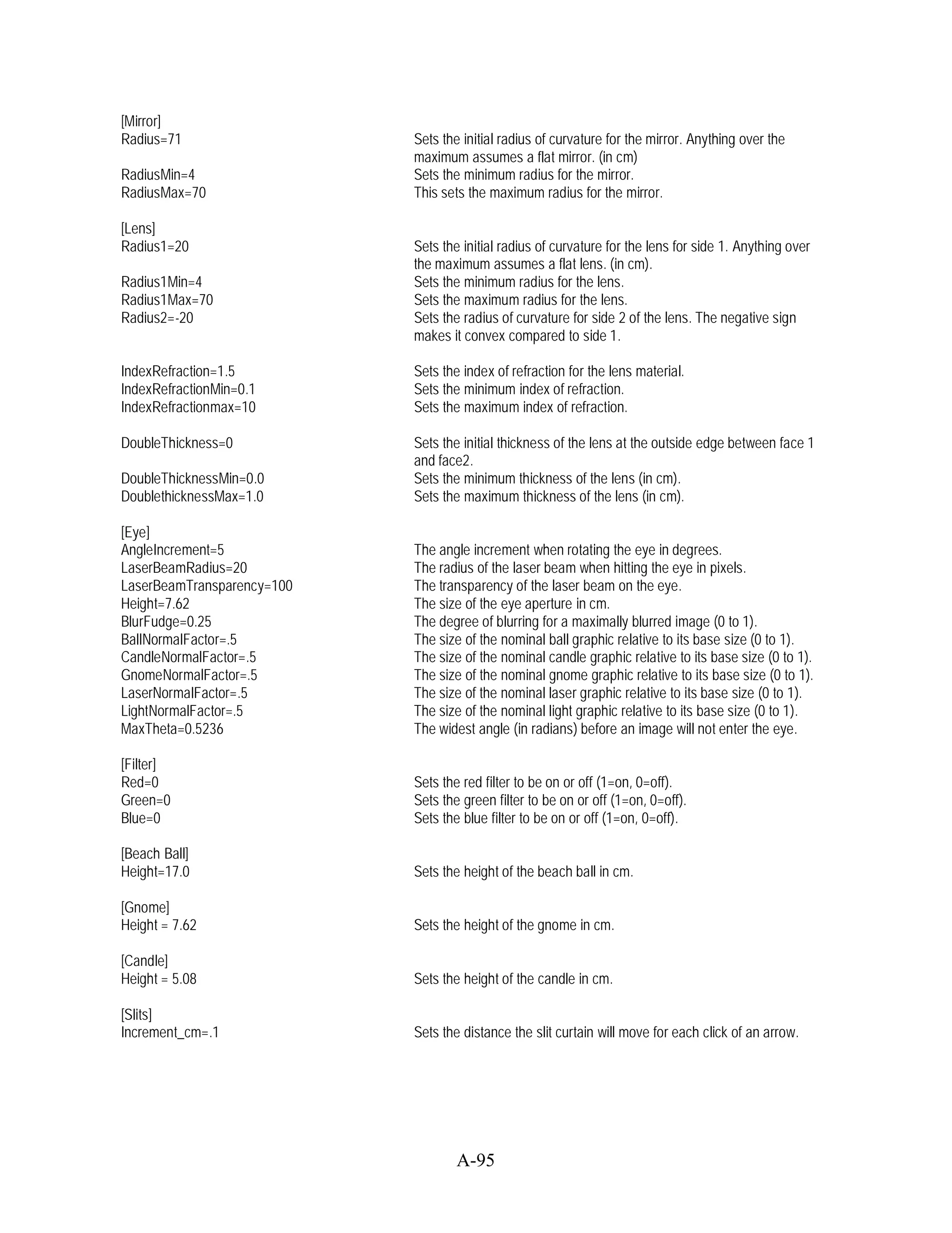 [Mirror]
Radius=71                   Sets the initial radius of curvature for the mirror. Anything over the
                            maximum assumes a flat mirror. (in cm)
RadiusMin=4                 Sets the minimum radius for the mirror.
RadiusMax=70                This sets the maximum radius for the mirror.

[Lens]
Radius1=20                  Sets the initial radius of curvature for the lens for side 1. Anything over
                            the maximum assumes a flat lens. (in cm).
Radius1Min=4                Sets the minimum radius for the lens.
Radius1Max=70               Sets the maximum radius for the lens.
Radius2=-20                 Sets the radius of curvature for side 2 of the lens. The negative sign
                            makes it convex compared to side 1.

IndexRefraction=1.5         Sets the index of refraction for the lens material.
IndexRefractionMin=0.1      Sets the minimum index of refraction.
IndexRefractionmax=10       Sets the maximum index of refraction.

DoubleThickness=0           Sets the initial thickness of the lens at the outside edge between face 1
                            and face2.
DoubleThicknessMin=0.0      Sets the minimum thickness of the lens (in cm).
DoublethicknessMax=1.0      Sets the maximum thickness of the lens (in cm).

[Eye]
AngleIncrement=5            The angle increment when rotating the eye in degrees.
LaserBeamRadius=20          The radius of the laser beam when hitting the eye in pixels.
LaserBeamTransparency=100   The transparency of the laser beam on the eye.
Height=7.62                 The size of the eye aperture in cm.
BlurFudge=0.25              The degree of blurring for a maximally blurred image (0 to 1).
BallNormalFactor=.5         The size of the nominal ball graphic relative to its base size (0 to 1).
CandleNormalFactor=.5       The size of the nominal candle graphic relative to its base size (0 to 1).
GnomeNormalFactor=.5        The size of the nominal gnome graphic relative to its base size (0 to 1).
LaserNormalFactor=.5        The size of the nominal laser graphic relative to its base size (0 to 1).
LightNormalFactor=.5        The size of the nominal light graphic relative to its base size (0 to 1).
MaxTheta=0.5236             The widest angle (in radians) before an image will not enter the eye.

[Filter]
Red=0                       Sets the red filter to be on or off (1=on, 0=off).
Green=0                     Sets the green filter to be on or off (1=on, 0=off).
Blue=0                      Sets the blue filter to be on or off (1=on, 0=off).

[Beach Ball]
Height=17.0                 Sets the height of the beach ball in cm.

[Gnome]
Height = 7.62               Sets the height of the gnome in cm.

[Candle]
Height = 5.08               Sets the height of the candle in cm.

[Slits]
Increment_cm=.1             Sets the distance the slit curtain will move for each click of an arrow.




                                    A-95
 