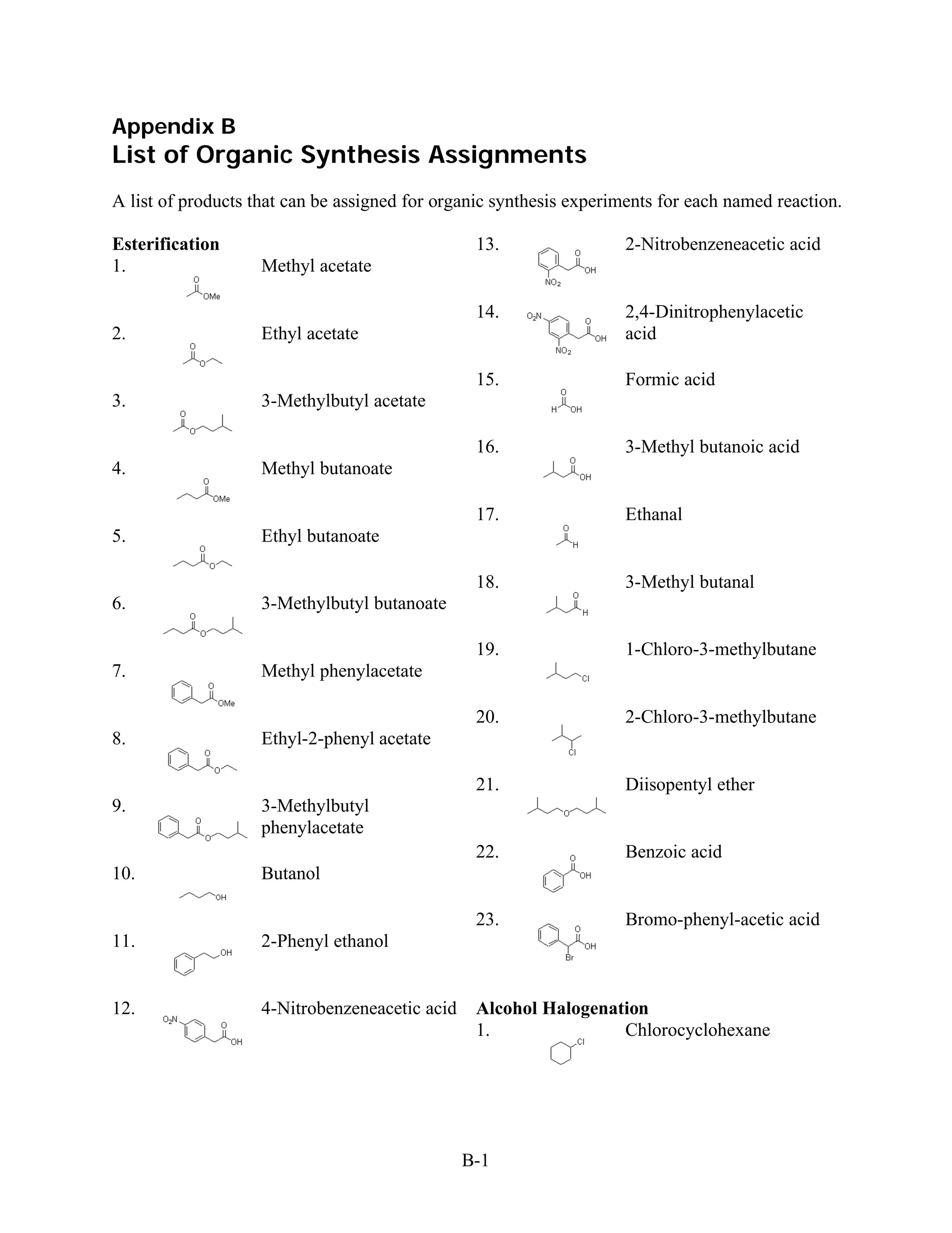 Appendix B
List of Organic Synthesis Assignments
A list of products that can be assigned for organic synthesis experiments for each named reaction.

Esterification                                   13.                2-Nitrobenzeneacetic acid
1.                  Methyl acetate

                                                 14.                2,4-Dinitrophenylacetic
2.                  Ethyl acetate                                   acid

                                                 15.                Formic acid
3.                  3-Methylbutyl acetate

                                                 16.                3-Methyl butanoic acid
4.                  Methyl butanoate

                                                 17.                Ethanal
5.                  Ethyl butanoate

                                                 18.                3-Methyl butanal
6.                  3-Methylbutyl butanoate

                                                 19.                1-Chloro-3-methylbutane
7.                  Methyl phenylacetate

                                                 20.                2-Chloro-3-methylbutane
8.                  Ethyl-2-phenyl acetate

                                                 21.                Diisopentyl ether
9.                  3-Methylbutyl
                    phenylacetate
                                                 22.                Benzoic acid
10.                 Butanol

                                                 23.                Bromo-phenyl-acetic acid
11.                 2-Phenyl ethanol


12.                 4-Nitrobenzeneacetic acid    Alcohol Halogenation
                                                 1.               Chlorocyclohexane




                                                B-1
 