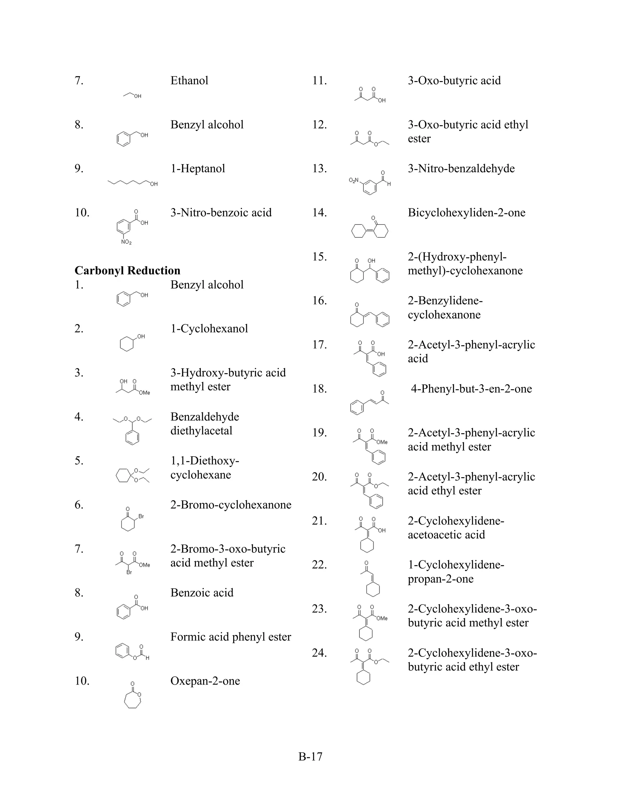 7.               Ethanol                      11.   3-Oxo-butyric acid


8.               Benzyl alcohol               12.   3-Oxo-butyric acid ethyl
                                                    ester

9.               1-Heptanol                   13.   3-Nitro-benzaldehyde


10.              3-Nitro-benzoic acid         14.   Bicyclohexyliden-2-one


                                              15.   2-(Hydroxy-phenyl-
Carbonyl Reduction                                  methyl)-cyclohexanone
1.              Benzyl alcohol
                                              16.   2-Benzylidene-
                                                    cyclohexanone
2.               1-Cyclohexanol
                                              17.   2-Acetyl-3-phenyl-acrylic
                                                    acid
3.               3-Hydroxy-butyric acid
                 methyl ester                 18.   4-Phenyl-but-3-en-2-one

4.               Benzaldehyde
                 diethylacetal                19.   2-Acetyl-3-phenyl-acrylic
                                                    acid methyl ester
5.               1,1-Diethoxy-
                 cyclohexane                  20.   2-Acetyl-3-phenyl-acrylic
                                                    acid ethyl ester
6.               2-Bromo-cyclohexanone
                                              21.   2-Cyclohexylidene-
                                                    acetoacetic acid
7.               2-Bromo-3-oxo-butyric
                 acid methyl ester            22.   1-Cyclohexylidene-
                                                    propan-2-one
8.               Benzoic acid
                                              23.   2-Cyclohexylidene-3-oxo-
                                                    butyric acid methyl ester
9.               Formic acid phenyl ester
                                              24.   2-Cyclohexylidene-3-oxo-
                                                    butyric acid ethyl ester
10.              Oxepan-2-one




                                            B-17
 