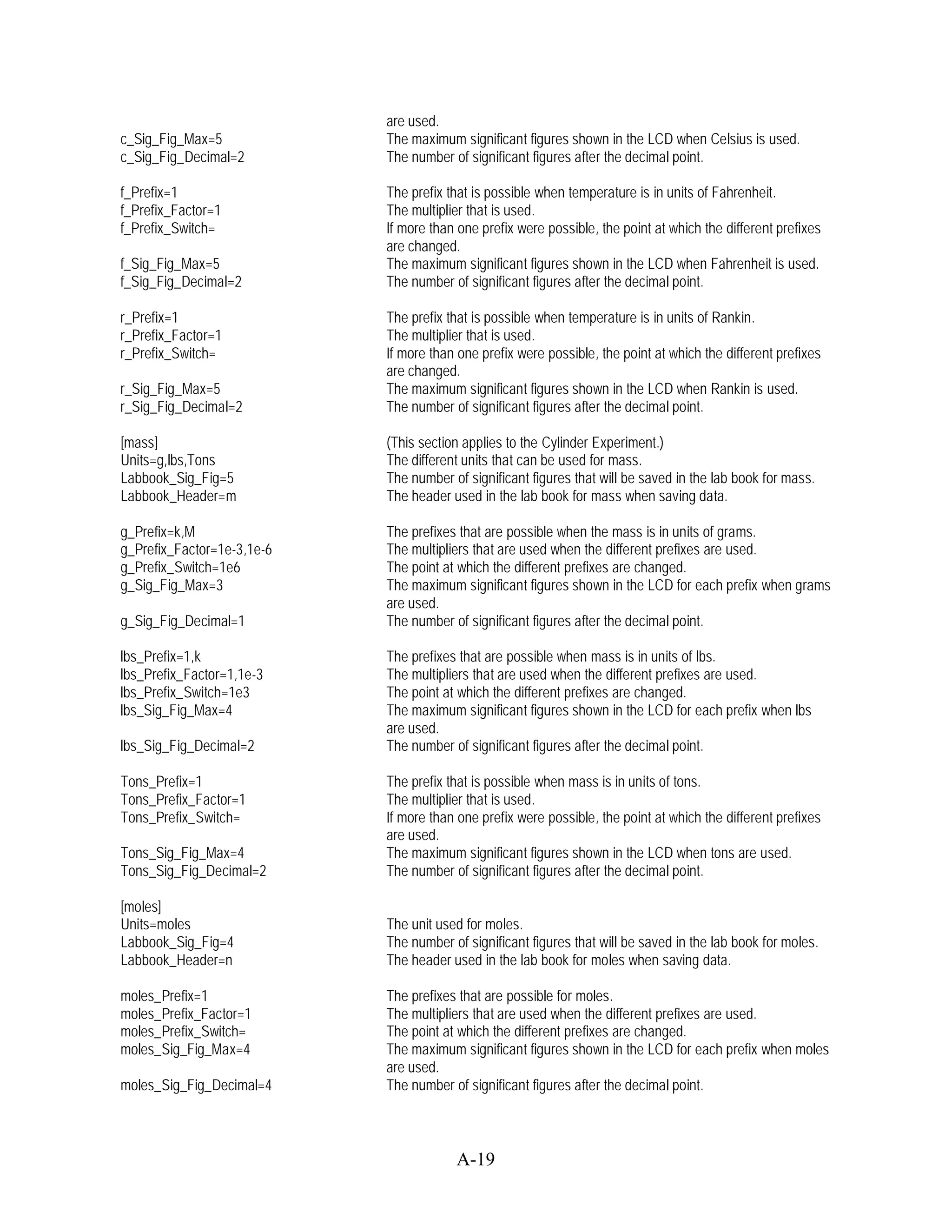 are used.
c_Sig_Fig_Max=5             The maximum significant figures shown in the LCD when Celsius is used.
c_Sig_Fig_Decimal=2         The number of significant figures after the decimal point.

f_Prefix=1                  The prefix that is possible when temperature is in units of Fahrenheit.
f_Prefix_Factor=1           The multiplier that is used.
f_Prefix_Switch=            If more than one prefix were possible, the point at which the different prefixes
                            are changed.
f_Sig_Fig_Max=5             The maximum significant figures shown in the LCD when Fahrenheit is used.
f_Sig_Fig_Decimal=2         The number of significant figures after the decimal point.

r_Prefix=1                  The prefix that is possible when temperature is in units of Rankin.
r_Prefix_Factor=1           The multiplier that is used.
r_Prefix_Switch=            If more than one prefix were possible, the point at which the different prefixes
                            are changed.
r_Sig_Fig_Max=5             The maximum significant figures shown in the LCD when Rankin is used.
r_Sig_Fig_Decimal=2         The number of significant figures after the decimal point.

[mass]                      (This section applies to the Cylinder Experiment.)
Units=g,lbs,Tons            The different units that can be used for mass.
Labbook_Sig_Fig=5           The number of significant figures that will be saved in the lab book for mass.
Labbook_Header=m            The header used in the lab book for mass when saving data.

g_Prefix=k,M                The prefixes that are possible when the mass is in units of grams.
g_Prefix_Factor=1e-3,1e-6   The multipliers that are used when the different prefixes are used.
g_Prefix_Switch=1e6         The point at which the different prefixes are changed.
g_Sig_Fig_Max=3             The maximum significant figures shown in the LCD for each prefix when grams
                            are used.
g_Sig_Fig_Decimal=1         The number of significant figures after the decimal point.

lbs_Prefix=1,k              The prefixes that are possible when mass is in units of lbs.
lbs_Prefix_Factor=1,1e-3    The multipliers that are used when the different prefixes are used.
lbs_Prefix_Switch=1e3       The point at which the different prefixes are changed.
lbs_Sig_Fig_Max=4           The maximum significant figures shown in the LCD for each prefix when lbs
                            are used.
lbs_Sig_Fig_Decimal=2       The number of significant figures after the decimal point.

Tons_Prefix=1               The prefix that is possible when mass is in units of tons.
Tons_Prefix_Factor=1        The multiplier that is used.
Tons_Prefix_Switch=         If more than one prefix were possible, the point at which the different prefixes
                            are used.
Tons_Sig_Fig_Max=4          The maximum significant figures shown in the LCD when tons are used.
Tons_Sig_Fig_Decimal=2      The number of significant figures after the decimal point.

[moles]
Units=moles                 The unit used for moles.
Labbook_Sig_Fig=4           The number of significant figures that will be saved in the lab book for moles.
Labbook_Header=n            The header used in the lab book for moles when saving data.

moles_Prefix=1              The prefixes that are possible for moles.
moles_Prefix_Factor=1       The multipliers that are used when the different prefixes are used.
moles_Prefix_Switch=        The point at which the different prefixes are changed.
moles_Sig_Fig_Max=4         The maximum significant figures shown in the LCD for each prefix when moles
                            are used.
moles_Sig_Fig_Decimal=4     The number of significant figures after the decimal point.



                                        A-19
 
