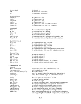 X_phase=liquid                       The phase for X.
f=4                                  The stoichiometric coefficient for X.
o=                                   The stoichiometric coefficient for H+

[Activity coefficients]
HR_R1=350                            The hydrated radius of R1.
HR_W=                                The hydrated radius of W.
HR_R2=600                            The hydrated radius of R2.
HR_X=0                               The hydrated radius of X.
HR_Cat=900                           The hydrated radius of the cation of the acid or base.
HR_Ani=300                           The hydrated radius of the anion of the acid or base.

[Conductivity]
R1_ec=67                             The equivalent conductance (     o
                                                                        ) of R1.
W_ec=                                The equivalent conductance (     o
                                                                        ) of W.
R2_ec=110                            The equivalent conductance (     o
                                                                        ) of R2.
X_ec=                                The equivalent conductance (     o
                                                                        ) of X.
Cat_ec=349.65                        The equivalent conductance (     o
                                                                        ) of the cation of the acid or base.
Ani_ec=76.31                         The equivalent conductance (     o
                                                                        ) of the anion of the acid or base.

[Partial Molal Volume]
V_R1=42.5                            The partial molal volume of R1 in cm3/mol.
V_W=                                 The partial molal volume of W in cm3/mol.
V_R2=-17.7                           The partial molal volume of R2 in cm3/mol.
V_X=                                 The partial molal volume of X in cm3/mol.
V_Cat=0                              The partial molal volume of the cation of the acid or base in cm3/mol.
V_Ani=17.83                          The partial molal volume of the anion of the acid or base in cm3/mol.

[Molecular Weight]
MW_R1=118.934                        The molecular weight of R1.
MW_W=                                The molecular weight of W.
MW_R2=54.938                         The molecular weight of R2.
MW_X=18.015                          The molecular weight of X.
MW_cat=1.008                         The molecular weight of the cation of the acid or base.
MW_ani=35.453                        The molecular weight of the anion of the acid or base.

Reductantn.ini
[General]
Name=Iron(II) Chloride               Long name that pops up when the bottle is moused over.
Short_name=FeCl2                     Name that appears on the bottle.
Phase=solid (or liquid or aqueous)   Phase of the substance.
Color=green                          Color of the substance in water. (See Acid/Base file for list of colors.)
Unknown=yes                          Defines whether or not the reagent can be made into an unknown.

[Solids]                             This section applies only to reagents that are solids.
MW=151.909                           The molecular weight of the reagent.
Density=3.16                         The density of the reagent.
Max_Conc=5.1                         The maximum concentration allowed for the reagent when mixed with water.
%Weight=90                           The weight percent (impurity) for the reagent on the stockroom shelf.
%Weight_Min=50                       The minimum weight percent allowed when making unknowns.
%Weight_Max=100                      The maximum weight percent allowed when making unknowns.
%Wt_Init_Min=80                      The initial minimum weight percent when creating an unknown.
%Wt_Init_Min=90                      The initial maximum weight percent when creating an unknown.
Impurity=NaCl                        Defines what the impurity is in solids that are not 100% pure. The impurity is
                                     defined by specifying the name of the INI file representing the impurity (usually


                                                    A-29
 