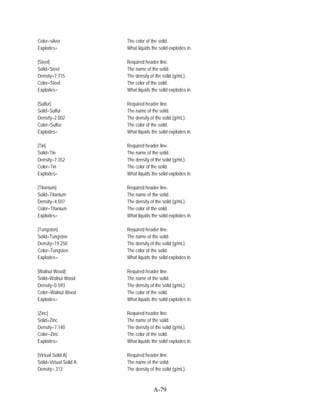 Color=silver            The color of the solid.
Explodes=               What liquids the solid explodes in.

[Steel]                 Required header line.
Solid=Steel             The name of the solid.
Density=7.715           The density of the solid (g/mL).
Color=Steel             The color of the solid.
Explodes=               What liquids the solid explodes in.

[Sulfur]                Required header line.
Solid=Sulfur            The name of the solid.
Density=2.002           The density of the solid (g/mL).
Color=Sulfur            The color of the solid.
Explodes=               What liquids the solid explodes in.

[Tin]                   Required header line.
Solid=Tin               The name of the solid.
Density=7.352           The density of the solid (g/mL).
Color=Tin               The color of the solid.
Explodes=               What liquids the solid explodes in.

[Titanium]              Required header line.
Solid=Titanium          The name of the solid.
Density=4.507           The density of the solid (g/mL).
Color=Titanium          The color of the solid.
Explodes=               What liquids the solid explodes in.

[Tungsten]              Required header line.
Solid=Tungsten          The name of the solid.
Density=19.250          The density of the solid (g/mL).
Color=Tungsten          The color of the solid.
Explodes=               What liquids the solid explodes in.

[Walnut Wood]           Required header line.
Solid=Walnut Wood       The name of the solid.
Density=0.593           The density of the solid (g/mL).
Color=Walnut Wood       The color of the solid.
Explodes=               What liquids the solid explodes in.

[Zinc]                  Required header line.
Solid=Zinc              The name of the solid.
Density=7.140           The density of the solid (g/mL).
Color=Zinc              The color of the solid.
Explodes=               What liquids the solid explodes in.

[Virtual Solid A]       Required header line.
Solid=Virtual Solid A   The name of the solid.
Density=.312            The density of the solid (g/mL).



                                      A-79
 