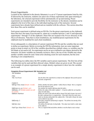 Preset Experiments
Located on the clipboard in the density laboratory is a set of 15 preset experiments listed by title.
If allowed by the instructor, students can select one of these experiments and, upon returning to
the laboratory, the selected experiment will be automatically set up and running. Preset
experiments are intended to provide flexibility for the instructor so the density simulation can be
adapted to the level of the class or the individual teaching style of the instructor. Several
experiments have already been defined and are installed with the software. This section describes
how these files can be modified.

Each preset experiment is defined using an INI file. For the preset experiments on the clipboard,
these files have the name Experimentn.ini, where n is a number between 1 and 15 and represents
experiments 1 through 15 on the clipboard. These files are located in the Presets directory in the
PhysicsD directory. Note that in client installations, any modified preset experiments for the
clipboard must be modified for each client installation.

Given subsequently is a description of a preset experiment INI file and the variables that are used
to define an experiment. Before reviewing the INI file information, here are some important
points to keep in mind: (a) All of the variables described have default values, so variables may be
left blank or not used at all. An experiment can be set up or defined to any degree desired by the
instructor. (b) Some variables are mutually exclusive; that is, the use of one variable may mean
another variable cannot be used. Some error checking exists for such situations, but the error
checking is not comprehensive.

The following two tables show the INI variables used in preset experiments. The first lists all the
variables that can be used and their allowed values. Default values are given in red. The second
is an example of a preset experiment for a simple density experiment to show how the variables
can be used.

Complete Preset Experiment INI Variable List
 INI Variables                   Description
 [Title]
 Title=Test Preset                            Sets the title of the experiment as shown on the clipboard. Not used for preset
                                              electronic assignments.

 [Cylinder1]
 BallType=Real, virtual (Default = no ball)   Defines whether the ball in cylinder 1 will be Real or Virtual - this is a required
                                              item for the ball to be used.
 BallKnown=no, yes (Default = yes)            Sets whether the student will know what the ball is.
 BallRadius=.01 (Default=random size will     Defines the radius of the ball in cylinder 1. It must be within the set max/min
 be created)                                  values for ball radius.
 BallName=Aluminum                            Defines the name of the ball and will be shown if the ball is known, but even if
                                              the ball is unknown this is a required item. If the ball is Real, the name must
                                              match an already exiting ball in the solids.ini file. If the ball is Virtual, the name
                                              can be whatever you want
 BallDensity=.5                               If the ball is virtual the ball density is required. This defines the density of the
                                              virtual ball in g/mL.
 BallColor=clear                              This defines the ball color of virtual balls. This value must match a color value
                                              in the solids.ini.
 Fluid1Type=Virtual, Real (Default = no       This is a required field and defines whether or not the fluid is real or virtual.



                                                           A-89
 