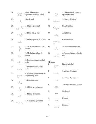 26.   cis-4,5-Dimethyl-           40.        1,2-Dimethyl-1,2-epoxy-
      cyclohex-4-ene-1,2-diol                cyclohex-4-ene

27.   But-2-enal                  41.        1-Ethoxy-2-butene


28.   3-Phenyl-propenal           42.        N-Allylaniline


29.   2-Ethyl-hex-2-enal          43.        Acrylamide


30.   4-Methyl-pent-3-en-2-one    44.        Cinnamamide


31.   2,5-Cyclohexadiene-1,4-     45.        1-Bromo-but-3-en-2-ol
      dione

32.   3-Methyl-cyclohex-2-        46.        4-Bromo-3-ethoxy-but-1-
      enone                                  ene

33.   2-Propenoic acid, methyl
      ester                       Alcohols
                                  1.         Benzyl alcohol
34.   2-Propenoic acid, ethyl
      ester
                                  2.         3-Methyl-1-butanol
35.   Cyclohex-3-enecarboxylic
      acid methyl ester
                                  3.         2-Methyl-2-propanol
36.   2-Propenoic acid

                                  4.         2-Methyl-butane-1,2-diol
37.   3-Chloro-cyclohexene

                                  5.         Methanol
38.   3-Chloro-1-butene

                                  6.         Ethanol
39.   1,4-Dibromo-2-butene

                                  7.         Butanol




                                 C-2
 