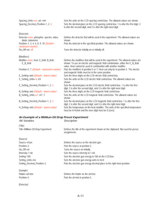 Spacing_Units=nm, um, mm                      Sets the units on the LCD spacing control box. The allowed values are shown.
Spacing_Decimal_Position=1, 2, 3              Sets the decimal place on the LCD spacing control box. 1 is after the first digit, 2
                                              is after the second digit, and 3 is after the right-most digit.

[Detector]
Detector=none, phosphor, spectro, video,      Defines the detector that will be used in the experiment. The allowed values are
   diode, bolometer                           shown.
Position=1, 3, 4, 6, 8, 9, 10 (Default =      Puts the detector in the specified position. The allowed values are shown.
stockroom counter)
On_Off=on, off                                Turns the detector initially on or initially off.

[Modifiers]
Modifier=none, heat, E_field, B_field,        Defines the modifiers that will be used in the experiment. The allowed values are
   E_B_field                                  shown. To use an electric and magnetic field combination, utilize the E_B_field
                                              value. Heat cannot be used in combination with another modifier.
Position=5, 7 (Default = stockroom counter)   Puts the modifiers in position 5 or 7. Heat can only be in position 5. The electric
                                              and magnetic fields must be in the same position.
E_Setting=nnn (Default = lowest value)        Sets the three digits on the LCD electric field control box.
E_Setting_Units=V, kV                         Sets the units on the LCD electric field control box. The allowed values are
                                              shown.
E_Setting_Decimal_Position=1, 2, 3            Sets the decimal place on the LCD electric field control box. 1 is after the first
                                              digit, 2 is after the second digit, and 3 is after the right-most digit.
B_Setting=nnn (Default = lowest value)        Sets the three digits on the LCD magnetic field control box.
B_Setting_Units=uT, mT, T                     Sets the units on the LCD magnetic field control box. The allowed values are
                                              shown.
B_Setting_Decimal_Position=1, 2, 3            Sets the decimal place on the LCD magnetic field control box. 1 is after the first
                                              digit, 2 is after the second digit, and 3 is after the right-most digit.
H_Setting=nnn (Default = lowest value)        Sets the temperature on the heat modifier. The units of the specified temperature
                                              must be in Kelvin and the ones digit must be 0 (zero).

An Example of a Millikan Oil Drop Preset Experiment
INI Variables                     Description
[Title]
Title=Millikan Oil Drop Experiment            Defines the title of the experiment shown on the clipboard. Not used for preset
                                              assignments.

[Source]
Source=eGun                                   Defines the source as the electron gun.
Position=2                                    Puts the source at position 2.
On_Off=on                                     Turns the source on initially.
Intensity=1 nA                                Sets the source intensity to 1 nA.
Setting=100                                   Sets the electron gun energy to 100 on the LCD box.
Setting_Units=me                              Sets the electron gun energy units to meV.
Setting_Decimal_Position=3                    Puts the electron gun energy decimal place to the right-most position.

[Sample]
Holder=oil mist                               Defines the holder as the oil mist.
Position=5                                    Puts the oil mist in position 5.

[Detector]



                                                             A-11
 