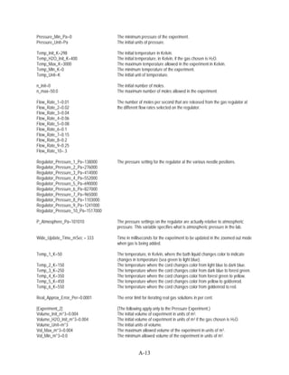 Pressure_Min_Pa=0                  The minimum pressure of the experiment.
Pressure_Unit=Pa                   The initial units of pressure.

Temp_Init_K=298                    The initial temperature in Kelvin.
Temp_H2O_Init_K=400                The initial temperature, in Kelvin, if the gas chosen is H2O.
Temp_Max_K=3000                    The maximum temperature allowed in the experiment in Kelvin.
Temp_Min_K=0                       The minimum temperature of the experiment.
Temp_Unit=K                        The initial unit of temperature.

n_Init=0                           The initial number of moles.
n_max=50.0                         The maximum number of moles allowed in the experiment.

Flow_Rate_1=0.01                   The number of moles per second that are released from the gas regulator at
Flow_Rate_2=0.02                   the different flow rates selected on the regulator.
Flow_Rate_3=0.04
Flow_Rate_4=0.06
Flow_Rate_5=0.08
Flow_Rate_6=0.1
Flow_Rate_7=0.15
Flow_Rate_8=0.2
Flow_Rate_9=0.25
Flow_Rate_10=.3

Regulator_Pressure_1_Pa=138000     The pressure setting for the regulator at the various needle positions.
Regulator_Pressure_2_Pa=276000
Regulator_Pressure_3_Pa=414000
Regulator_Pressure_4_Pa=552000
Regulator_Pressure_5_Pa=690000
Regulator_Pressure_6_Pa=827000
Regulator_Pressure_7_Pa=965000
Regulator_Pressure_8_Pa=1103000
Regulator_Pressure_9_Pa=1241000
Regulator_Pressure_10_Pa=1517000

P_Atmosphere_Pa=101010             The pressure settings on the regulator are actually relative to atmospheric
                                   pressure. This variable specifies what is atmospheric pressure in the lab.

Wide_Update_Time_mSec = 333        Time in milliseconds for the experiment to be updated in the zoomed out mode
                                   when gas is being added.

Temp_1_K=50                        The temperature, in Kelvin, where the bath liquid changes color to indicate
                                   changes in temperature (sea green to light blue).
Temp_2_K=150                       The temperature where the cord changes color from light blue to dark blue.
Temp_3_K=250                       The temperature where the cord changes color from dark blue to forest green.
Temp_4_K=350                       The temperature where the cord changes color from forest green to yellow.
Temp_5_K=450                       The temperature where the cord changes color from yellow to goldenrod.
Temp_6_K=550                       The temperature where the cord changes color from goldenrod to red.

Real_Approx_Error_Per=0.0001       The error limit for iterating real gas solutions in per cent.

[Experiment_2]                     (The following apply only to the Pressure Experiment.)
Volume_Init_m^3=0.004              The initial volume of experiment in units of m3.
Volume_H2O_Init_m^3=0.004          The initial volume of experiment in units of m3 if the gas chosen is H2O.
Volume_Unit=m^3                    The initial units of volume.
Vol_Max_m^3=0.004                  The maximum allowed volume of the experiment in units of m3.
Vol_Min_m^3=0.0                    The minimum allowed volume of the experiment in units of m3.


                                                A-13
 