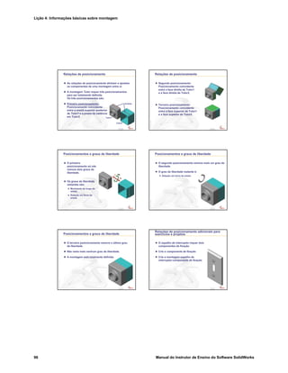 Lição 4: Informações básicas sobre montagem
96 Manual do Instrutor de Ensino do Software SolidWorks
Confidential
Information
Tutor1
Tutor2
Arestas
Relações de posicionamento
As relações de posicionamento alinham e ajustam
os componentes de uma montagem entre si.
A montagem Tutor requer três posicionamentos
para ser totalmente definida.
Os três posicionamentos são:
Primeiro posicionamento:
Posicionamento coincidente
entre a aresta superior posterior
de Tutor1 e a aresta da saliência
em Tutor2.
Confidential
Information
Relações de posicionamento
Segundo posicionamento:
Posicionamento coincidente
entre a face direita de Tutor1
e a face direita de Tutor2.
Terceiro posicionamento:
Posicionamento coincidente
entre a face superior de Tutor1
e a face superior de Tutor2.
Confidential
Information
Posicionamentos e graus de liberdade
O primeiro
posicionamento só não
remove dois graus de
liberdade.
Os graus de liberdade
restantes são:
Movimento ao longo da
aresta.
Rotação em torno da
aresta.
Confidential
Information
Posicionamentos e graus de liberdade
O segundo posicionamento remove mais um grau de
liberdade.
O grau de liberdade restante é:
Rotação em torno da aresta.
Confidential
Information
Posicionamentos e graus de liberdade
O terceiro posicionamento remove o último grau
de liberdade.
Não resta mais nenhum grau de liberdade.
A montagem está totalmente definida.
Confidential
Information
Relações de posicionamento adicionais para
exercícios e projetos
O espelho de interruptor requer dois
componentes de fixação.
Crie o componente de fixação.
Crie a montagem espelho de
interruptor-componente de fixação.
 