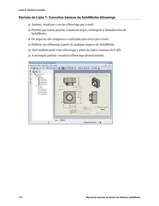 Lição 8: Tabelas de projeto
172 Manual do Instrutor de Ensino do Software SolidWorks
Revisão da Lição 7: Conceitos básicos do SolidWorks eDrawings
 Animar, visualizar e enviar eDrawings por e-mail.
 Permite que outras pessoas visualizem peças, montagens e desenhos fora do
SolidWorks.
 Os arquivos são compactos o suficiente para envio por e-mail.
 Publicar um eDrawing a partir de qualquer arquivo do SolidWorks.
 Você também pode criar eDrawings a partir de outros sistemas de CAD.
 A animação permite visualizar eDrawings dinamicamente.
 