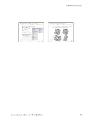 Lição 8: Tabelas de projeto
Manual do Instrutor de Ensino do Software SolidWorks 195
Confidential
Information
Para visualizar configurações de peça
1. Clique na guia do Configuration
Manager na parte
inferior da janela do
FeatureManager.
A lista de
configurações
é exibida.
2. Clique duas vezes em
cada configuração.
Confidential
Information
Visualizar configurações de peça
3. A peça é reconstruída automaticamente usando os
valores de dimensão da tabela de projeto.
 