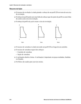 Lição 9: Recursos de revolução e varredura
214 Manual do Instrutor de Ensino do Software SolidWorks
Resumo da lição
 O recurso de revolução é criado girando o esboço de um perfil 2D em torno de um eixo
de revolução.
 O esboço de perfil pode usar uma linha de esboço (que faz parte do perfil) ou uma linha
de centro como eixo de revolução.
 O esboço de perfil não pode cruzar o eixo de revolução.
 O recurso de varredura é criado movendo um perfil 2D ao longo de um caminho.
 O recurso de varredura requer dois esboços:
• Caminho de varredura
• Seção de varredura
 A inclinação afunila a forma. A inclinação é importante em peças moldadas, fundidas
ou forjadas.
 Os filetes são usados para suavizar arestas.
Bom Bom Ruim
 