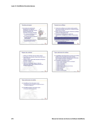 Lição 12: SolidWorks SimulationXpress
278 Manual do Instrutor de Ensino do Software SolidWorks
Confidential
Information
Tensões principais
As tensões de cisalhamento
desaparecem em algumas
orientações. As tensões normais
nessas orientações são
chamadas de tensões principais.
P1: Tensão normal na primeira
direção principal (maior).
P2: Tensão normal na segunda
direção principal
(intermediária).
P3: Tensão normal na terceira
direção principal (menor).
Confidential
Information
Tensão de von Mises
Tensão de von Mises é um número escalar positivo
que não tem direção. Ela descreve o estado da tensão
através de um número.
Muitos materiais falham quando a tensão de von Mises
excede um determinado nível.
Em termos de tensão normal e tensão de
cisalhamento, a tensão de von Mises é representada
por:
Em termos de tensões principais, a tensão de von
Mises é representada por:
VON
1
2
---
© ¹
§ · SX SY–  