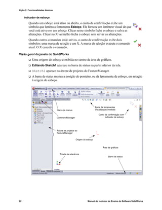 Lição 2: Funcionalidades básicas
22 Manual do Instrutor de Ensino do Software SolidWorks
Indicador de esboço
Quando um esboço está ativo ou aberto, o canto de confirmação exibe um
símbolo que lembra a ferramenta Esboço. Ele fornece um lembrete visual de que
você está ativo em um esboço. Clicar nesse símbolo fecha o esboço e salva as
alterações. Clicar no X vermelho fecha o esboço sem salvar as alterações.
Quando outros comandos estão ativos, o canto de confirmação exibe dois
símbolos: uma marca de seleção e um X. A marca de seleção executa o comando
atual. O X cancela o comando.
Visão geral da janela do SolidWorks
 Uma origem de esboço é exibida no centro da área de gráficos.
 Editando Sketch1 aparece na barra de status na parte inferior da tela.
 Sketch1 aparece na árvore de projetos do FeatureManager.
 A barra de status mostra a posição do ponteiro, ou da ferramenta de esboço, em relação
à origem do esboço.
Barra de status
Área de gráficos
Origem do esboço
Barra de menus
Árvore de projetos do
Canto de confirmação com
Tríade de referência
CommandManager
Barra de ferramentas
Visualização imediata
indicador de esboço
FeatureManager
 