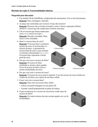 Lição 3: Iniciação rápida em 40 minutos
48 Manual do Instrutor de Ensino do Software SolidWorks
Revisão da Lição 2: Funcionalidades básicas
Perguntas para discussão
1 Um modelo 3D do SolidWorks compreende três documentos. Cite os três documentos.
Resposta: Peça, montagem e desenho.
2 As peças são construídas com recursos. O que são recursos?
Resposta: Recursos são as formas (ressaltos, cortes e furos) e operações (filetes,
chanfros e cascas) que são usadas para construir uma peça.
3 Cite os recursos que foram usados para
criar a box (caixa) na Lição 1.
Resposta: Ressalto extrudado, filete,
casca e corte extrudado.
4 Qual é o recurso-base da caixa?
Resposta: O recurso-base é o primeiro
recurso da caixa. O recurso-base é o
alicerce da peça. A geometria do
recurso-base da caixa é uma extrusão.
A extrusão é denominada Extrude1.
O recurso-base representa a forma
geral da caixa.
5 Por que você usou o recurso de filete?
Resposta: O recurso de filete
arredonda as arestas e faces agudas.
O uso do recurso de filete criou as
arestas arredondadas da caixa.
6 Por que você usou o recurso de casca?
Resposta: O recurso de casca remove material. O uso do recurso de casca resultou na
criação de um bloco oco a partir de um bloco sólido.
7 Como você cria o recurso-base?
Resposta: Para criar um recurso-base sólido:
• Esboce um perfil retangular em um plano 2D.
• Extrude o perfil perpendicular ao plano de esboço.
8 O que aconteceria se o recurso de casca fosse criado antes do
recurso de filete?
Resposta: Os cantos internos da caixa seriam agudos em vez de
arredondados.
1. Recurso-base 2. Recurso de filete
4. Recurso de corte3. Recurso de casca
 