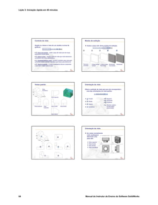 Lição 3: Iniciação rápida em 40 minutos
64 Manual do Instrutor de Ensino do Software SolidWorks
Confidential
Information
Controle de vista
Amplie ou reduza a vista de um modelo na área de
gráficos.
Zoom para ajustar – exibe a peça de modo que ela ocupe
totalmente a janela atual.
Zoom na área – amplia a parte da vista que você selecionou
arrastando uma caixa delimitadora.
Aumentar/diminuir zoom – arraste o ponteiro para cima para
aumentar o zoom. Arraste o ponteiro para baixo para diminuí-lo.
Zoom na seleção – a vista é ampliada de forma a preencher
a tela com o objeto selecionado.
Confidential
Information
Modos de exibição
Ilustra a peça sob vários modos de exibição.
Estrutura
de arame
Linhas ocultas
visíveis
Linhas ocultas
Removidas
Sombreado
com arestas
Sombreado
Confidential
Information
Vistas padrão
Vista
isométrica
Vista superior
Vista posterior Vista
esquerda
Vista frontal Vista direita
Vista inferior Confidential
Information
Orientação da vista
Frontal
Direita
Inferior
Isométrica
Superior
Esquerda
Posterior
Normal a (plano
ou face plana
selecionada)
Altera a exibição da vista para que ela corresponda a
uma das orientações da vista padrão.
Confidential
Information
Confidential
Information
Orientação da vista
As vistas normalmente
mais usadaspara
descrever uma
peça são:
Vista superior
Vista frontal
Vista direita
Vista isométrica
 