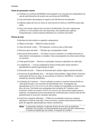 Introdução
viii Manual do Instrutor de Ensino do Software SolidWorks
Antes de apresentar a teoria
 Verifique se o software SolidWorks está carregado e em execução nos computadores da
sala de aula/laboratório de acordo com sua licença da SolidWorks.
 Faça download e descompacte os arquivos do link Recursos do educador.
 Imprima cópias do Guia do Aluno de Aprendizado do Software SolidWorks para cada
aluno.
 Faça você mesmo cada um dos exercícios de laboratório. Isso não é apenas para
verificar se você entende como eles funcionam, mas também para explorar.
Frequentemente, existem maneiras diferentes de se realizar uma tarefa.
Planos de aula
Cada plano de aula contém os seguintes componentes:
 Objetivos da lição — Objetivos claros da lição.
 Antes de iniciar a lição — Pré-requisitos, se houver, para a lição atual.
 Recursos para esta lição — Tutoriais que correspondem à lição.
 Revisão da lição anterior — Os alunos revisam o material e os modelos descritos na
lição anterior com perguntas e exemplos. Faça essas perguntas aos alunos para reforçar
os conceitos.
 Visão geral da lição — Descreve os principais conceitos explorados em cada lição.
 Competências — Lista as competências desenvolvidas pelos alunos durante o
aprendizado do material apresentado na lição.
 Discussão em aula — Tópicos de discussão para explicar alguns conceitos da lição.
 Exercícios de aprendizado ativo — Os alunos criam modelos. Alguns desses exercícios
fazem parte do Guia do Aluno de Aprendizado do Software SolidWorks. A maioria é
retirada dos Tutoriais SolidWorks.
 Avaliações de 5 minutos — Essas avaliações revisam os conceitos desenvolvidos na
visão geral da lição e nos exercícios de aprendizado ativo. As perguntas são
apresentadas no Livro de exercícios do aluno e podem ser respondidas em aula ou como
dever de casa. Você pode usar as perguntas das avaliações de 5 minutos como
exercícios verbais ou escritos. O Livro de exercícios do aluno possui espaços para as
respostas. As perguntas servem como pontos de verificação para os alunos antes de eles
passarem para os exercícios e projetos adicionais.
 Exercícios e projetos adicionais — Podem ser encontrados exercícios e projetos
adicionais no final de cada lição. Esses exercícios e projetos foram desenvolvidos a
partir de sugestões apresentadas por alunos e professores.
Nota: A matemática também é explorada através de uma série de problemas
aplicados. Por exemplo: os alunos projetam uma caneca de café e determinam
o volume do líquido que ela contém. A resposta faz sentido?
 