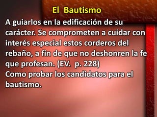El Bautismo
A guiarlos en la edificación de su
carácter. Se comprometen a cuidar con
interés especial estos corderos del
rebaño, a fin de que no deshonren la fe
que profesan. (EV. p. 228)
Como probar los candidatos para el
bautismo.
 