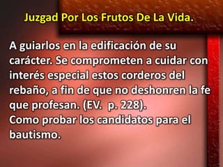 Juzgad Por Los Frutos De La Vida.

A guiarlos en la edificación de su
carácter. Se comprometen a cuidar con
interés especial estos corderos del
rebaño, a fin de que no deshonren la fe
que profesan. (EV. p. 228).
Como probar los candidatos para el
bautismo.
 