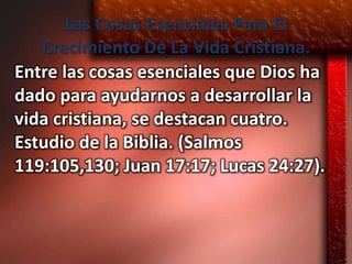 Las Cosas Esenciales Para El
   Crecimiento De La Vida Cristiana.
Entre las cosas esenciales que Dios ha
dado para ayudarnos a desarrollar la
vida cristiana, se destacan cuatro.
Estudio de la Biblia. (Salmos
119:105,130; Juan 17:17; Lucas 24:27).
 