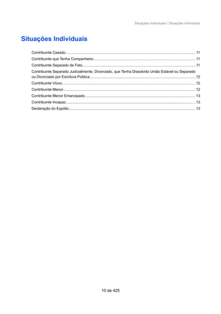 Situações Individuais / Situações Individuais
Situações Individuais
Contribuinte Casado.............................................................................................................................11
Contribuinte que Tenha Companheiro...................................................................................................11
Contribuinte Separado de Fato.............................................................................................................11
Contribuinte Separado Judicialmente, Divorciado, que Tenha Dissolvido União Estável ou Separado
ou Divorciado por Escritura Pública......................................................................................................12
Contribuinte Viúvo................................................................................................................................12
Contribuinte Menor...............................................................................................................................12
Contribuinte Menor Emancipado..........................................................................................................13
Contribuinte Incapaz.............................................................................................................................13
Declaração do Espólio..........................................................................................................................13
10 de 425
 